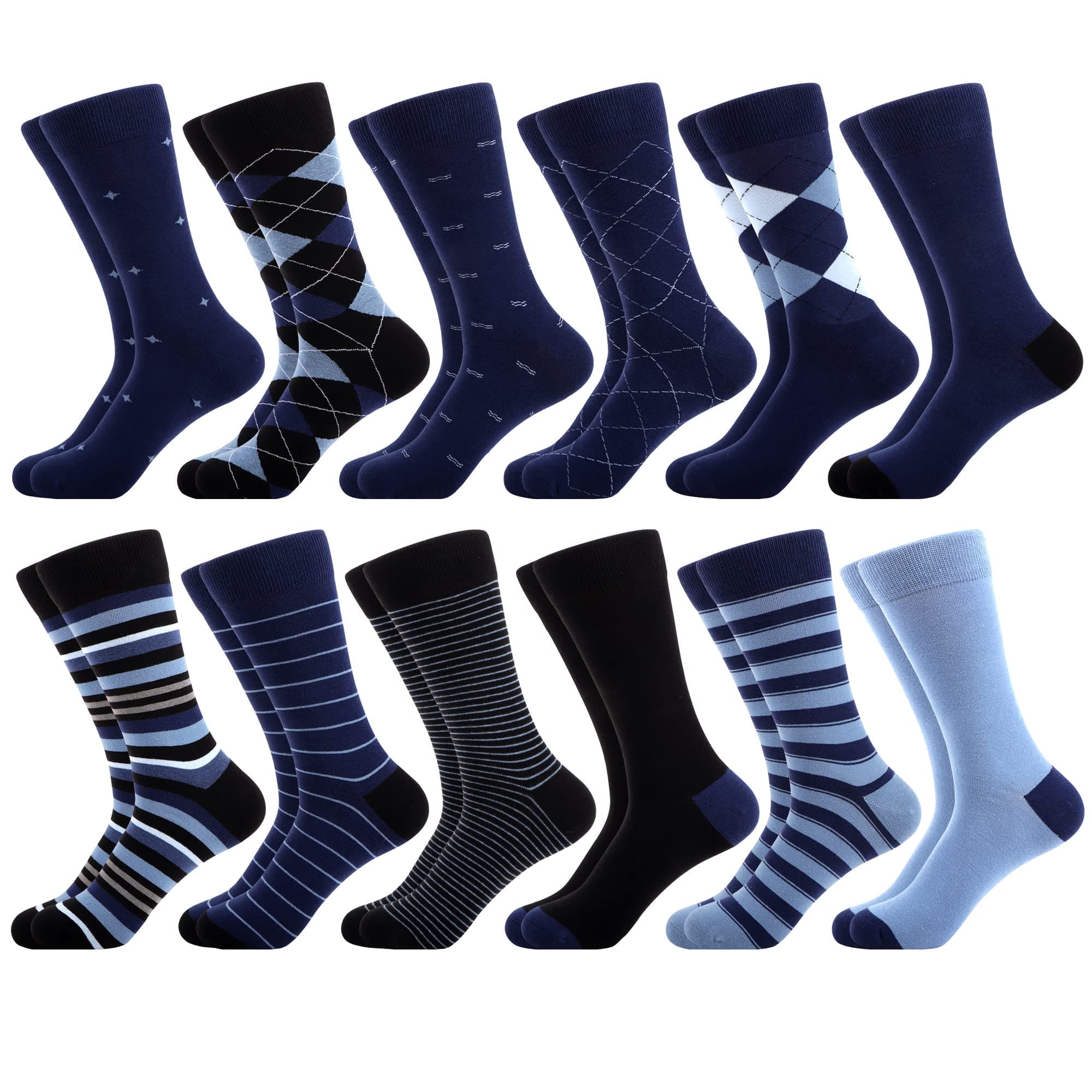 Men's Patterned Dress Socks - 6/12 Pairs Seamless Cotton Crew Socks for Business, Office & Daily Wear