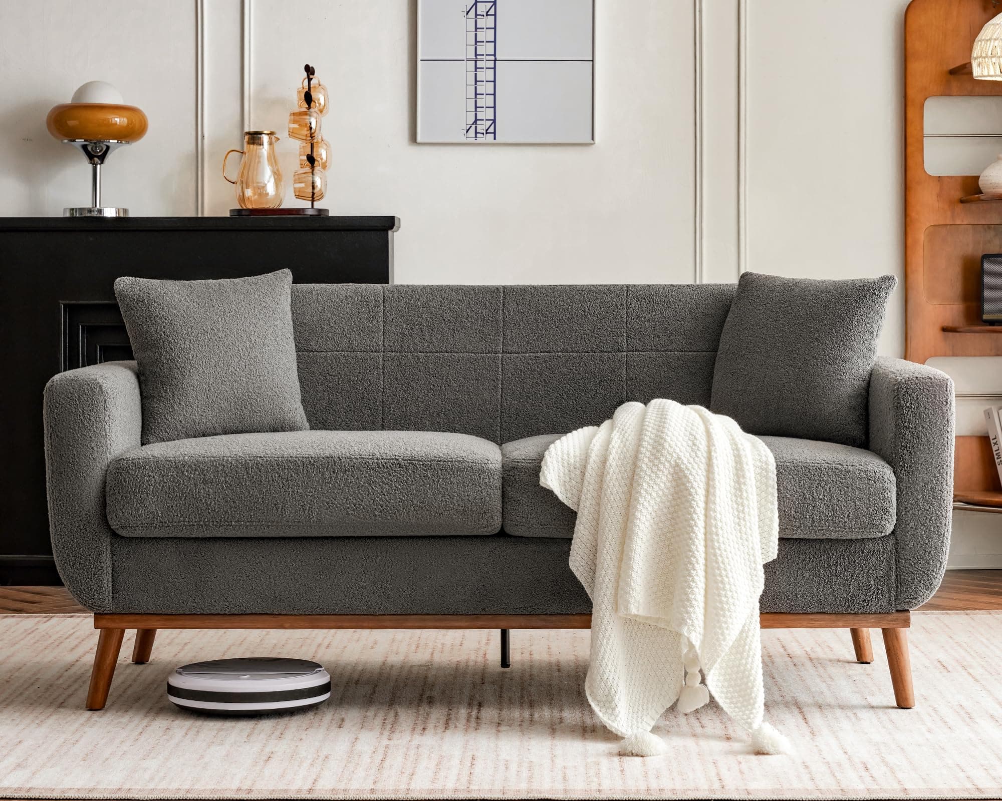 VanAcc 68" Sofa, Deep Seat Sofa Couch for Living Room, Comfy Couch with Wood Base and Legs, Grey Bouclé Upholstered Sofa