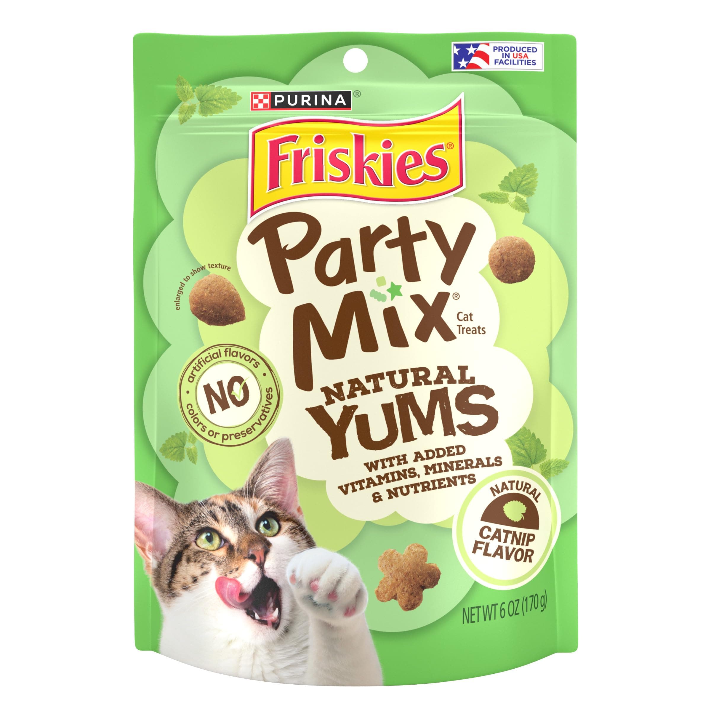 Friskies Purina Made in USA Facilities, Natural Cat Treats, Party Mix Natural Yums Catnip Flavor - (Pack of 6) 6 oz. Pouches