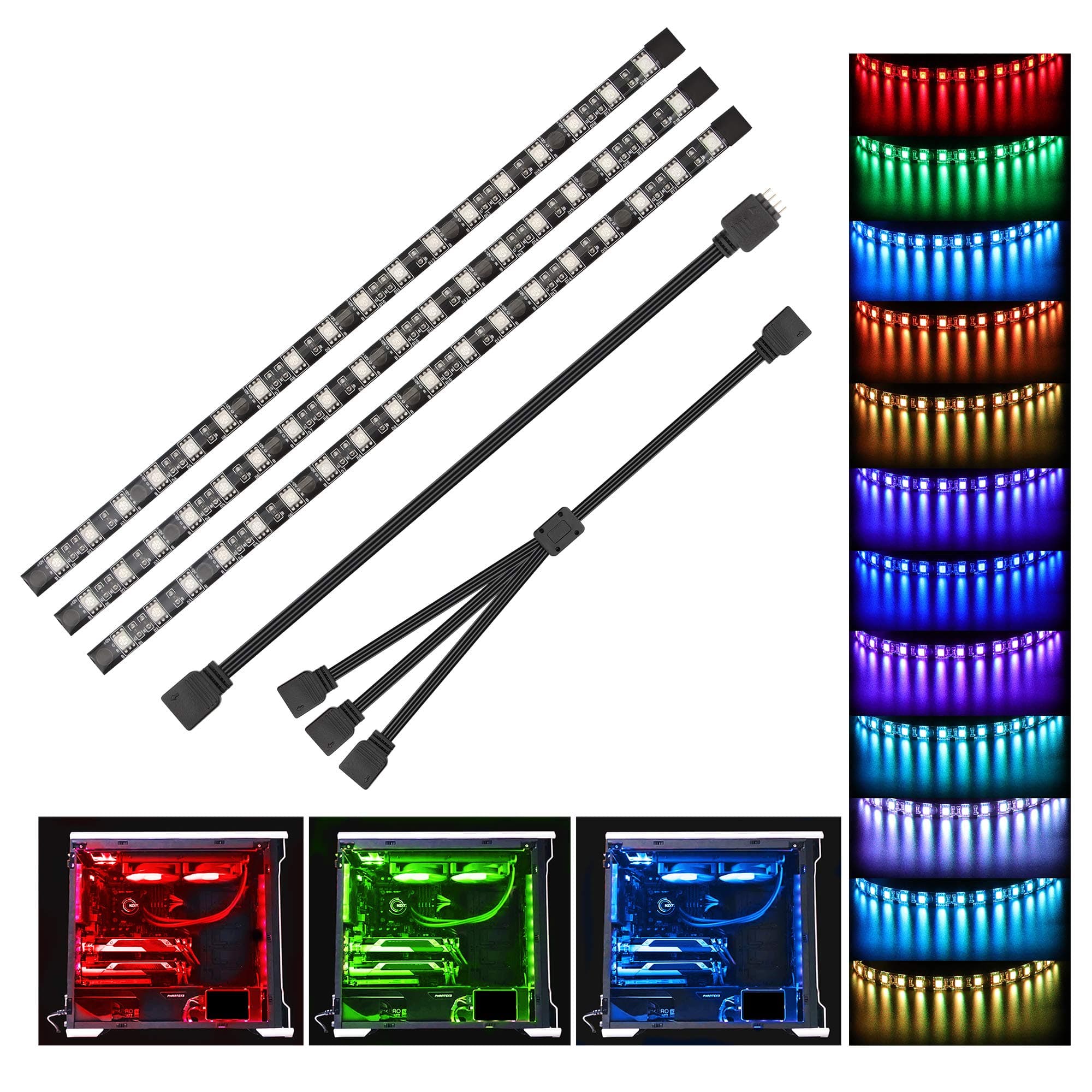 PC RGB Strip - 3pcs 5050 Magnetic PC LED Strip, Computer Case LED Light Strips for M/B with 12v 4pin RGB Header Compatible with Asus Aura Asrock RGB Led Gigabyte RGB Fusion MSI Mystic Light