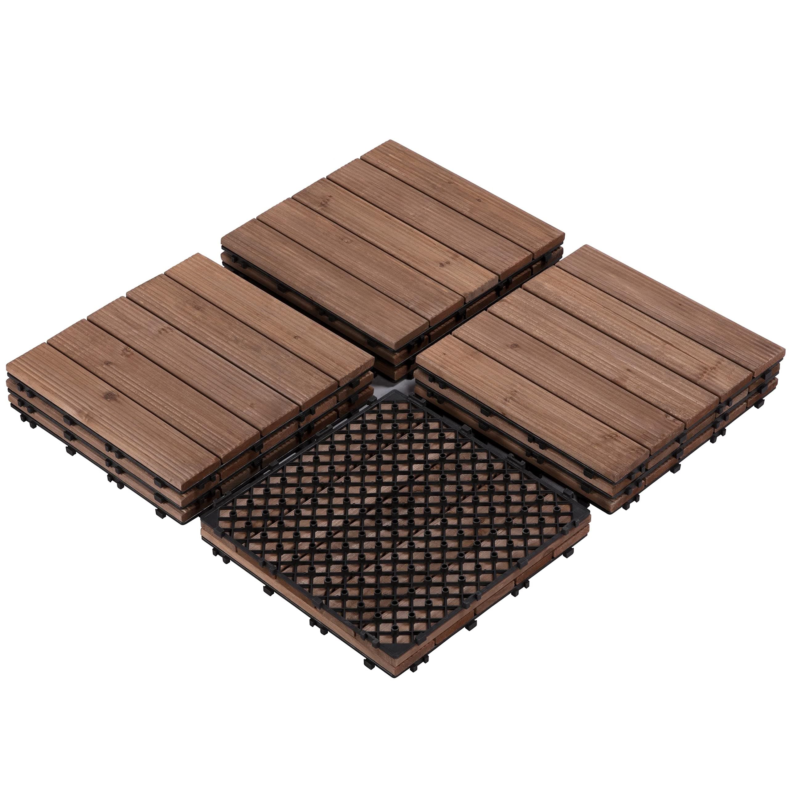 Yaheetech 12 x 12’’ Patio Deck Tiles Interlocking Wood Floor Tiles Indoor & Outdoor for Patio Garden Deck Poolside Pack of 11 Tiles Brown
