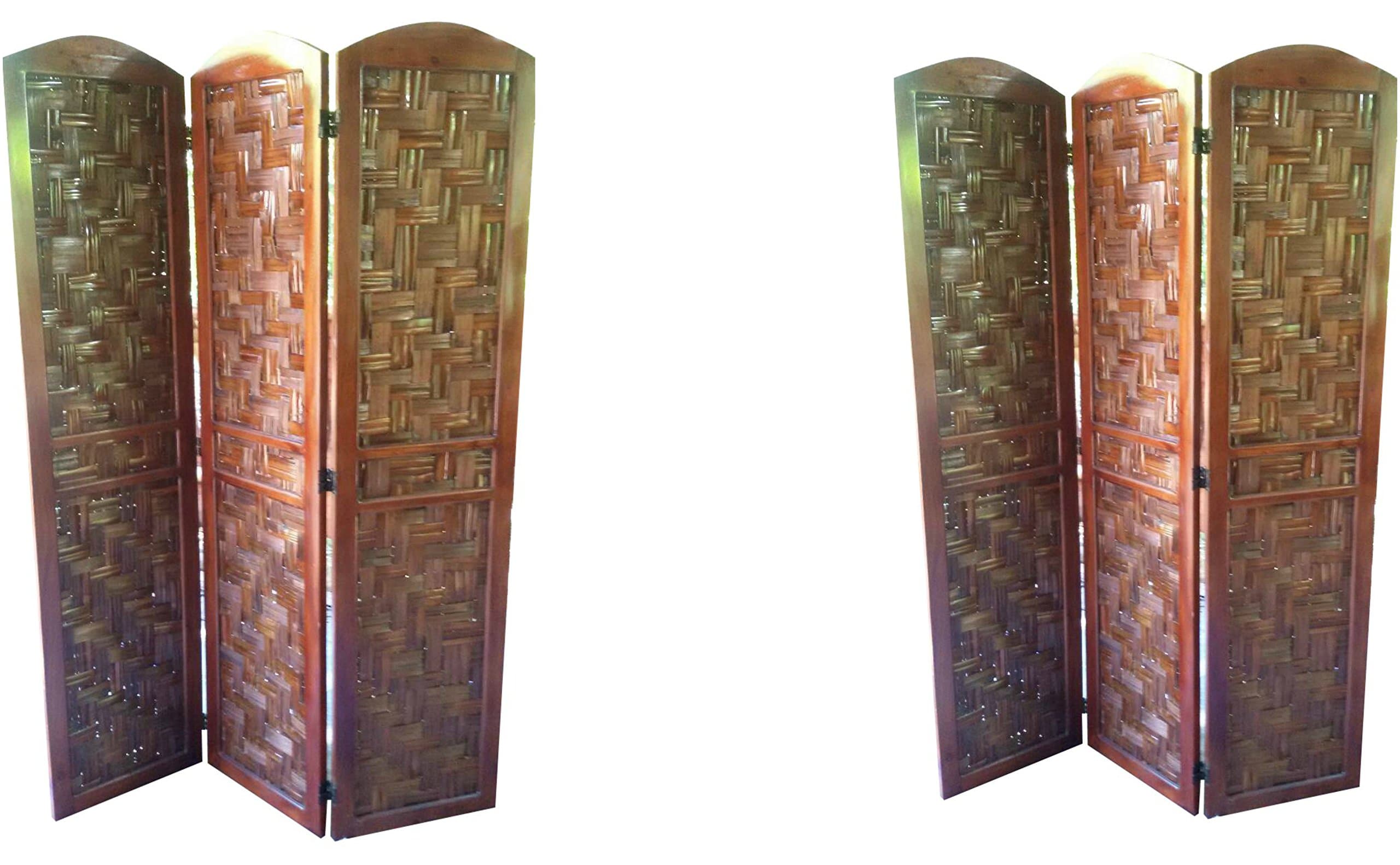 Urnporium Set of 2, Room Divider Screen Bamboo with Solid Mahogany Wood Frame, 3 Panel