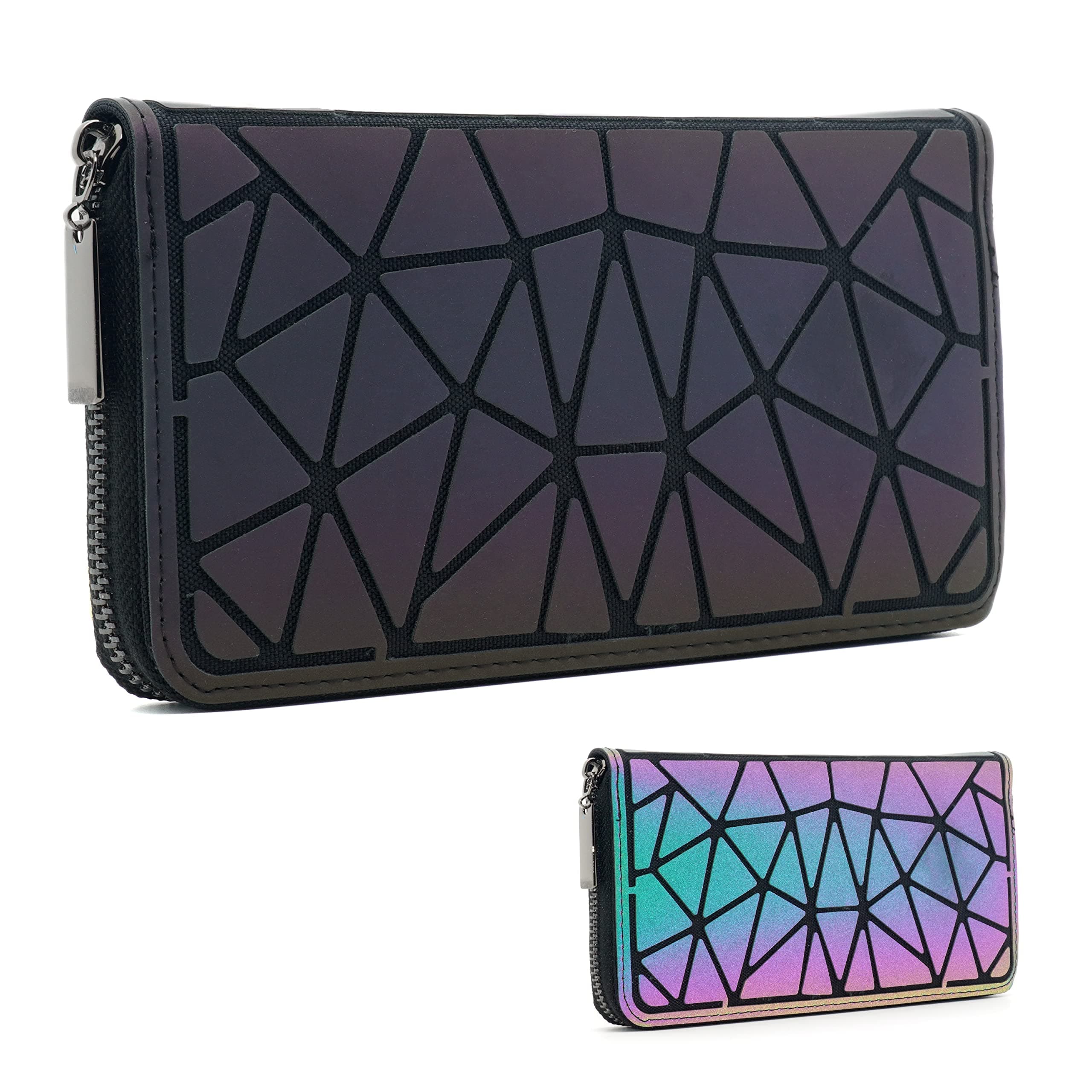 Geometric Luminous Wallet for Women Holographic Reflective Zipper Clutch Purse with Multiple Compartments and Coin Pocket