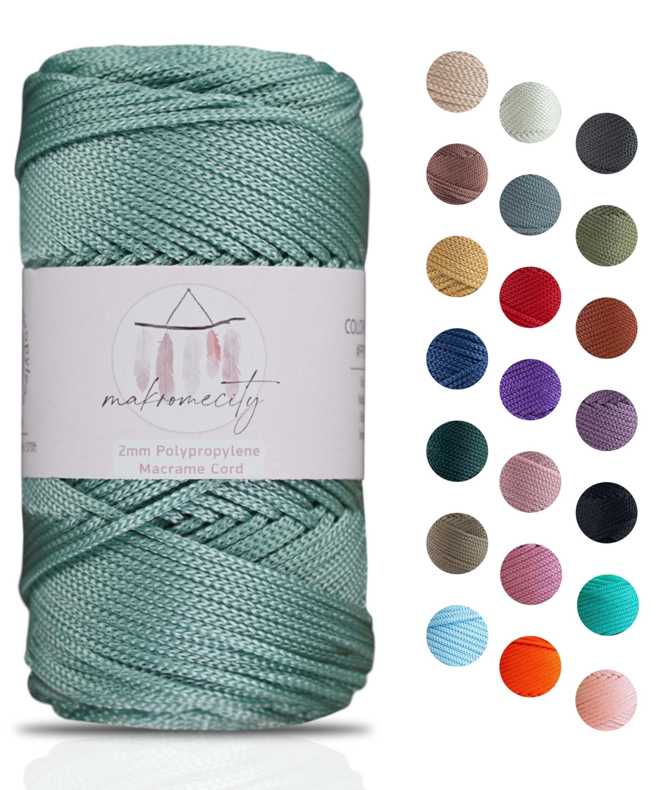 Makromecity, Polyester Macrame Cord 2mm x 125 Yards (375 feet) 2mm Polypropylene Macrame Cord Crochet Macrame Bag Cord Crafts for Wall Hangings, Bags, Underplate, Rug (1, Crepe Green)