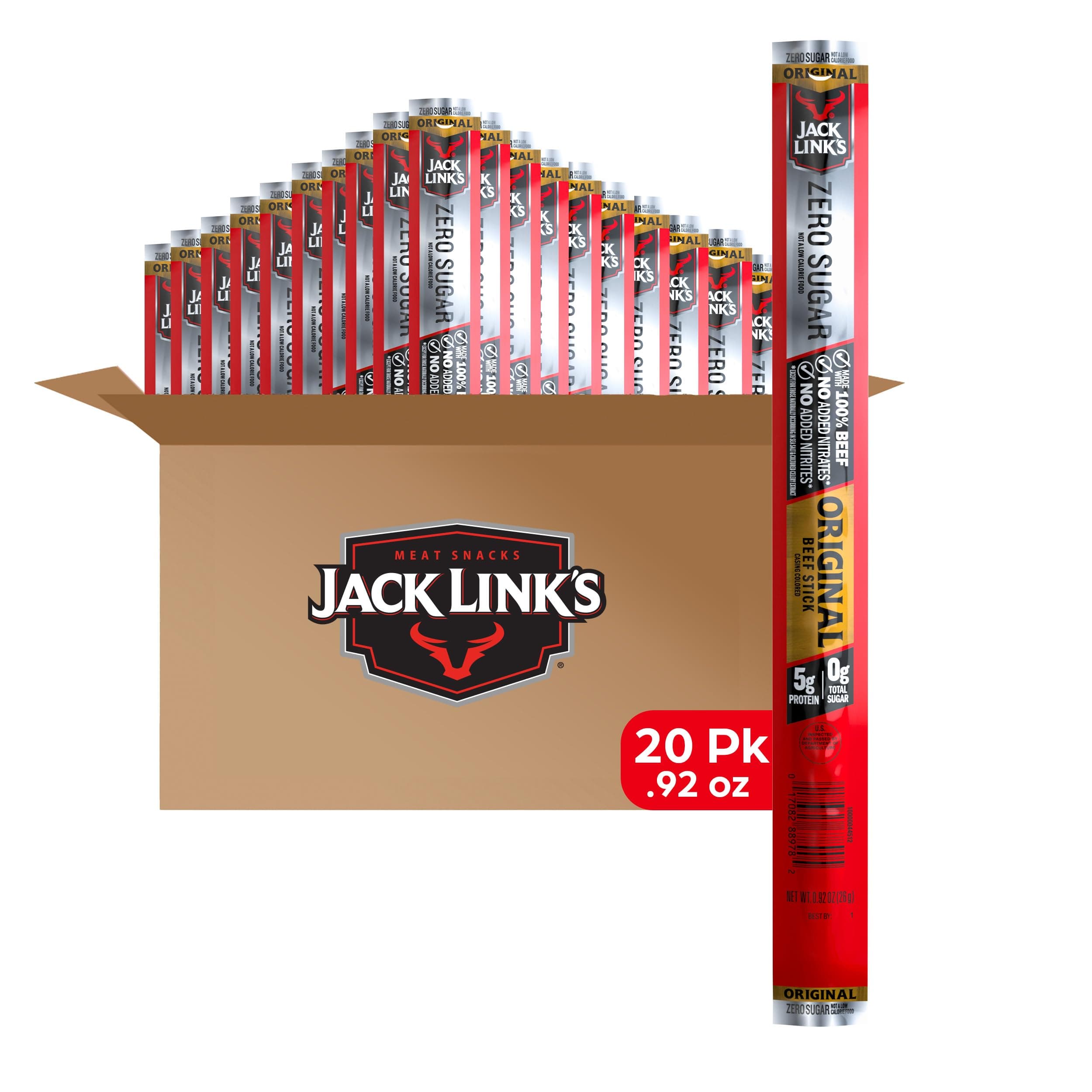 Jack Link's Original Zero Sugar Beef Sticks - (20 Pack) 0.92 oz Meat Sticks - Ready to Eat Protein Snacks - 5g Protein per Serving - Made with 100% Real Beef