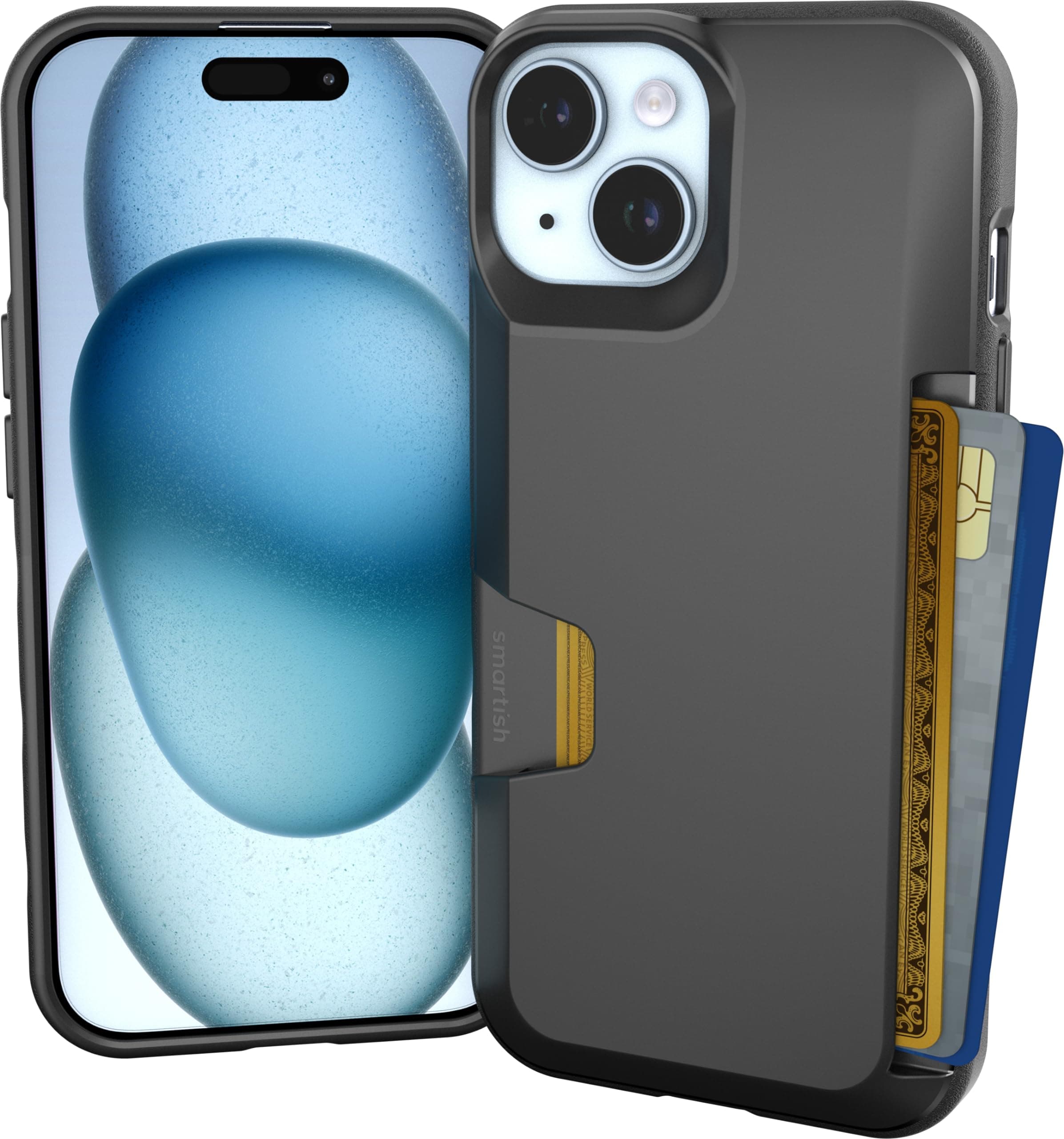 Smartish iPhone 15 Wallet Case - Wallet Slayer Vol.1 [Slim + Protective] Credit Card Holder - Drop Tested Hidden Card Slot Cover for Apple iPhone 15 - Black Tie Affair