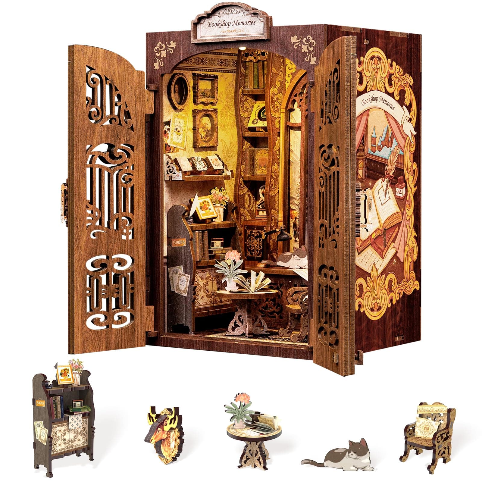 Fsolis Book Nook Kit, DIY Miniature Dollhouse Kit 3D Puzzles for Adults and Beginners, 127 Wooden Pieces, Tiny House Mini Booknook Craft Bookshelf Decor, Gifts for Women Book Lovers(Bookshop Memory)