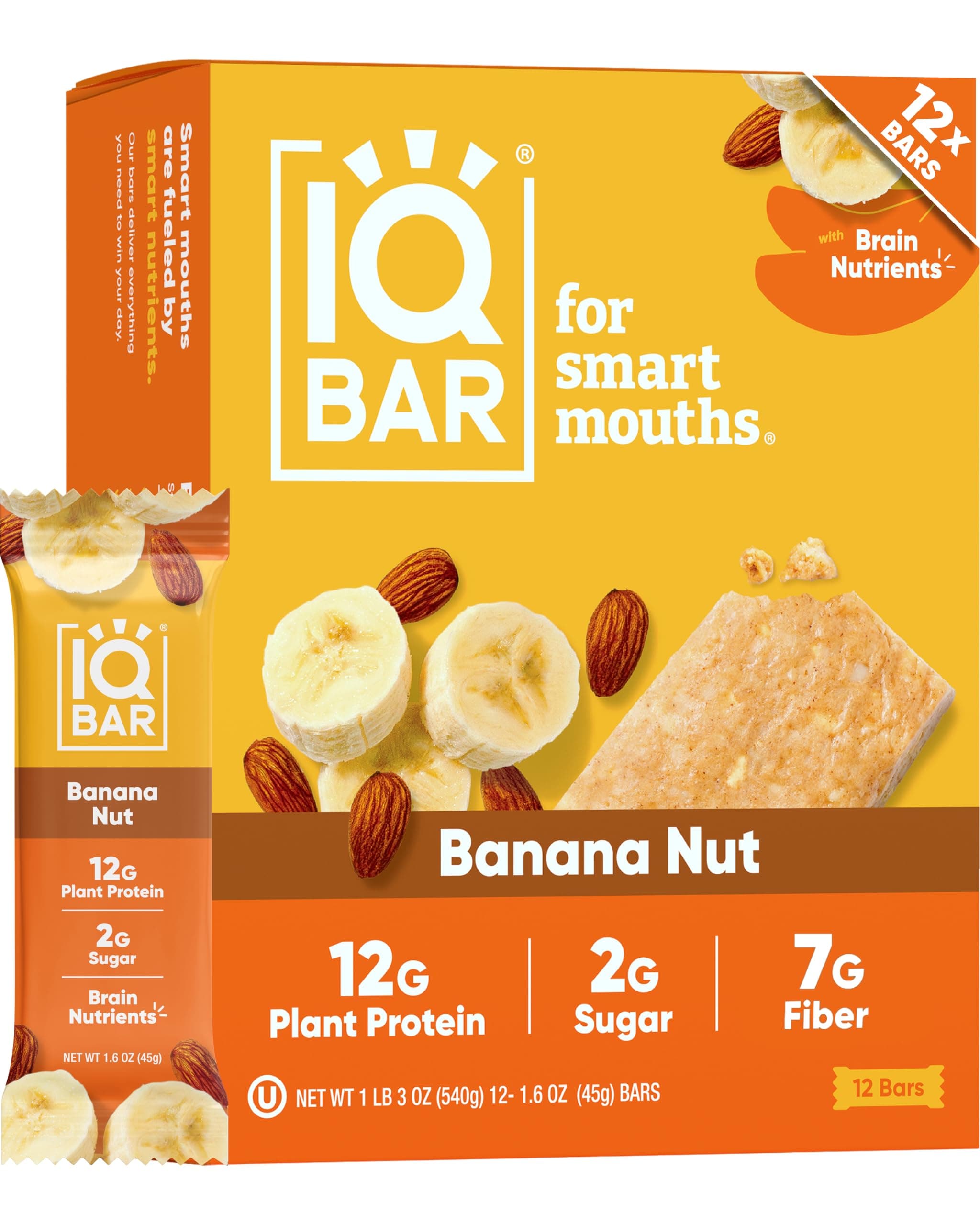 IQBAR Clean Plant Protein Bars - Banana Nut - 12 Count - Keto, Vegan, High Fiber, Gluten and Dairy Free, Low Sugar Snack - Brain and Body Nutrients for Focus, Energy, Meal Replacement