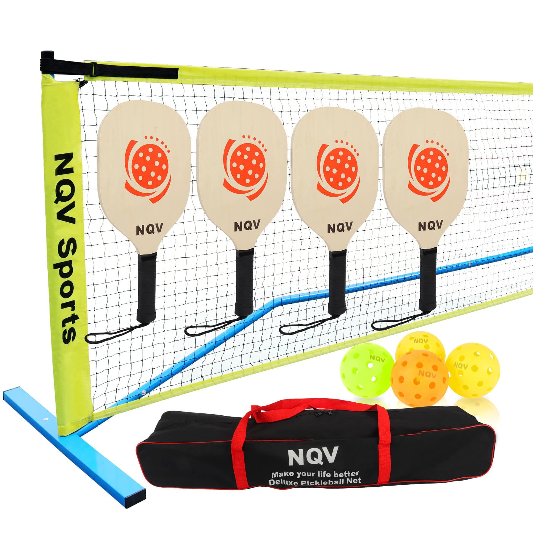 NQV Pickleball Set with Net, 4 Wood Paddles, 22FT Net, 4 Balls, 1 Bag, 2 Chalks, Yellow, Beginner