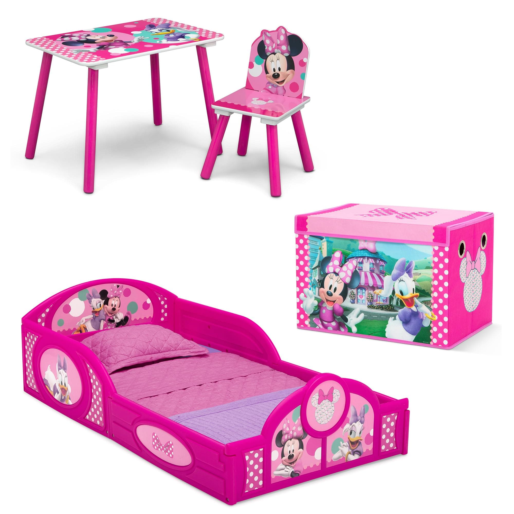 Delta Children Disney Minnie Mouse 4-Piece Toddler Room-in-a-Box Set – Includes Sleep and Play Toddler Bed, Table, 1 Chair and Toy Box, Pink