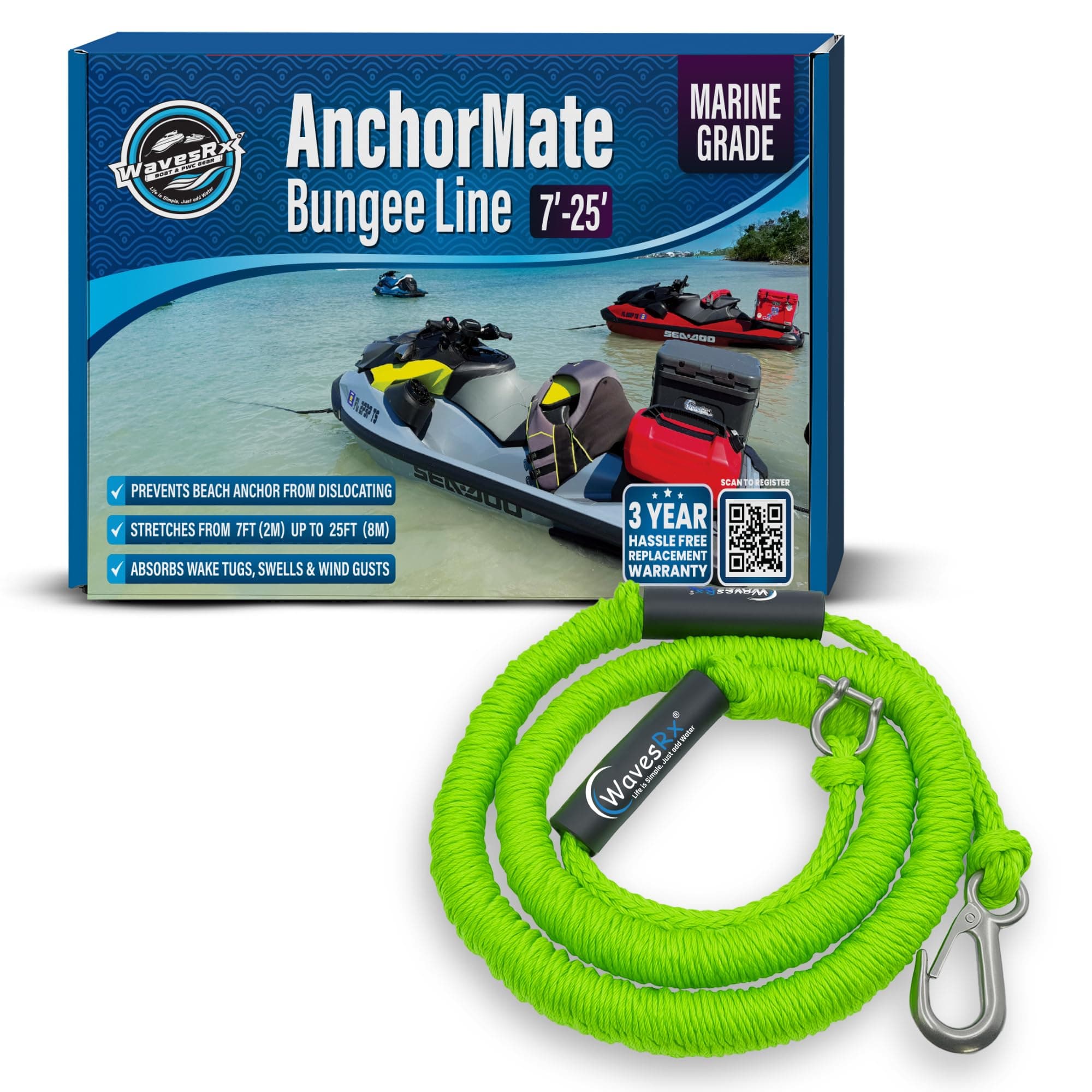 AnchorMate Bungee Line 7-25 ft | Anchoring Bungee Ropes for Boats, PWCs & Kayaks | Absorbs Shocks from Swells & Wind, Prevents Anchor Dislodging | Great for Mooring and Tethering Your Boat or Jet Ski