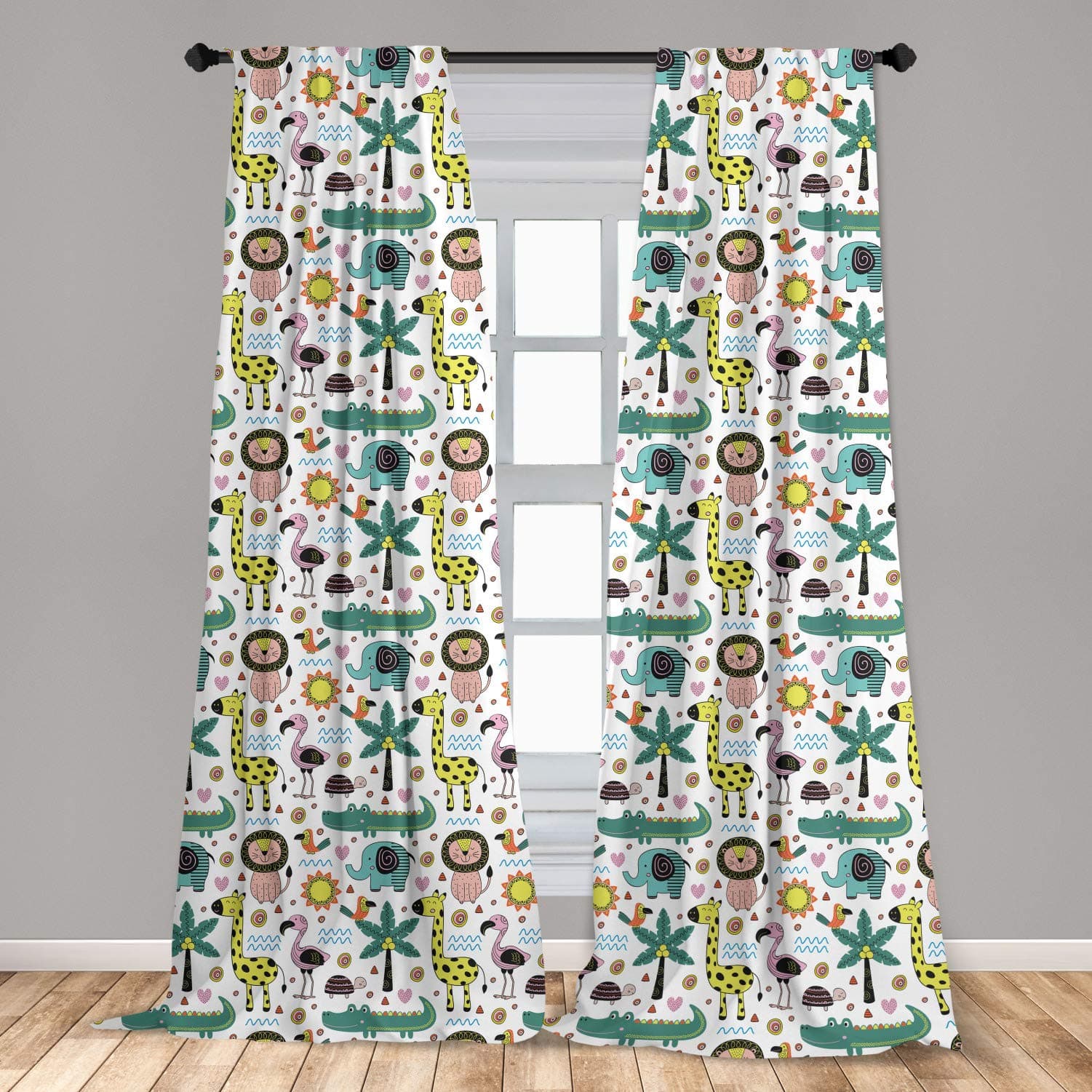 LunarableTropical Window Curtains, Jungle Animals Pattern with Giraffe Toucan Lion and in Scandinavian Style, Lightweight Decor 2-Panel Set with Rod Pocket, Pair of - 28" x 63", Green White