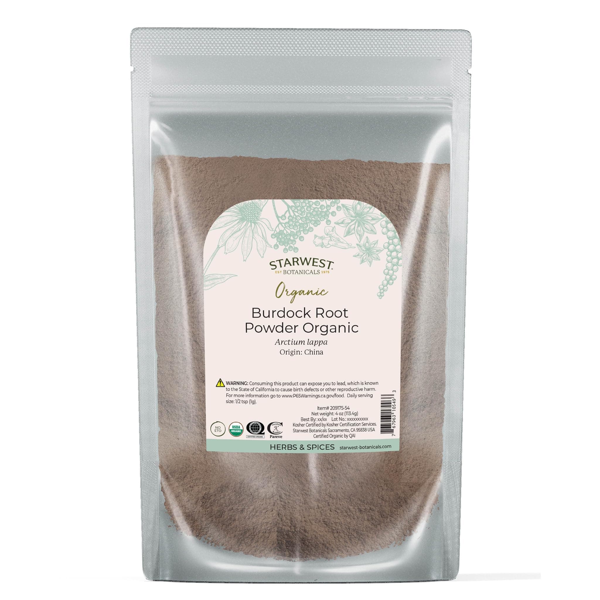 Starwest Botanicals Burdock Root Powder Organic - Natural Loose Herb for Tea, Rice, Soup, & Stews, Certified Kosher, Non-GMO - 4 oz Pouch