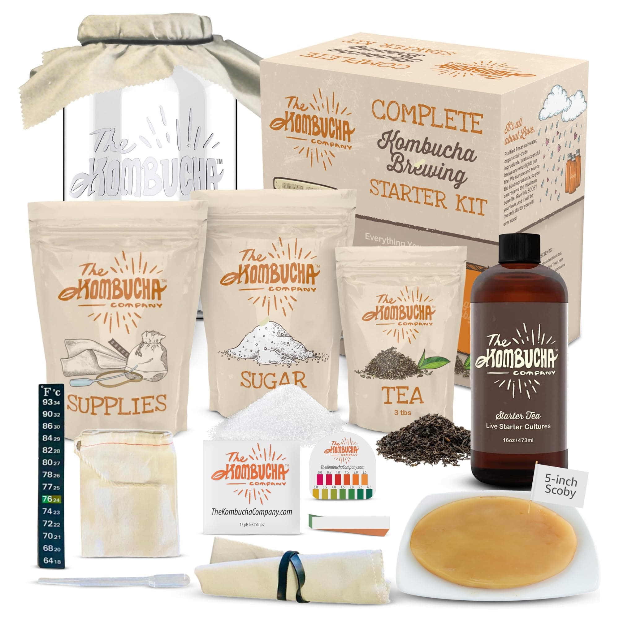 Kombucha Home Brewing Starter Kit | 5-Inch Large Scoby Kombucha Starter Kit | Complete Kit Includes What You Need w/ 16 oz Starter Tea, Brewing Jar & Brewing Supplies | Brew Unlimited Kombucha