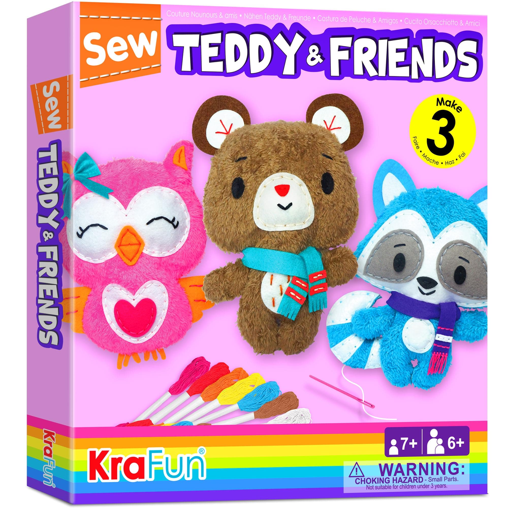 KraFun Sewing Kit for Kids Age 7 8 9 10 11 12 Beginner My First Art & Craft, Includes 3 Stuffed Animal Dolls, Instruction & Plush Felt Materials for Learn to Sew, Embroidery Skills - Teddy & Friends