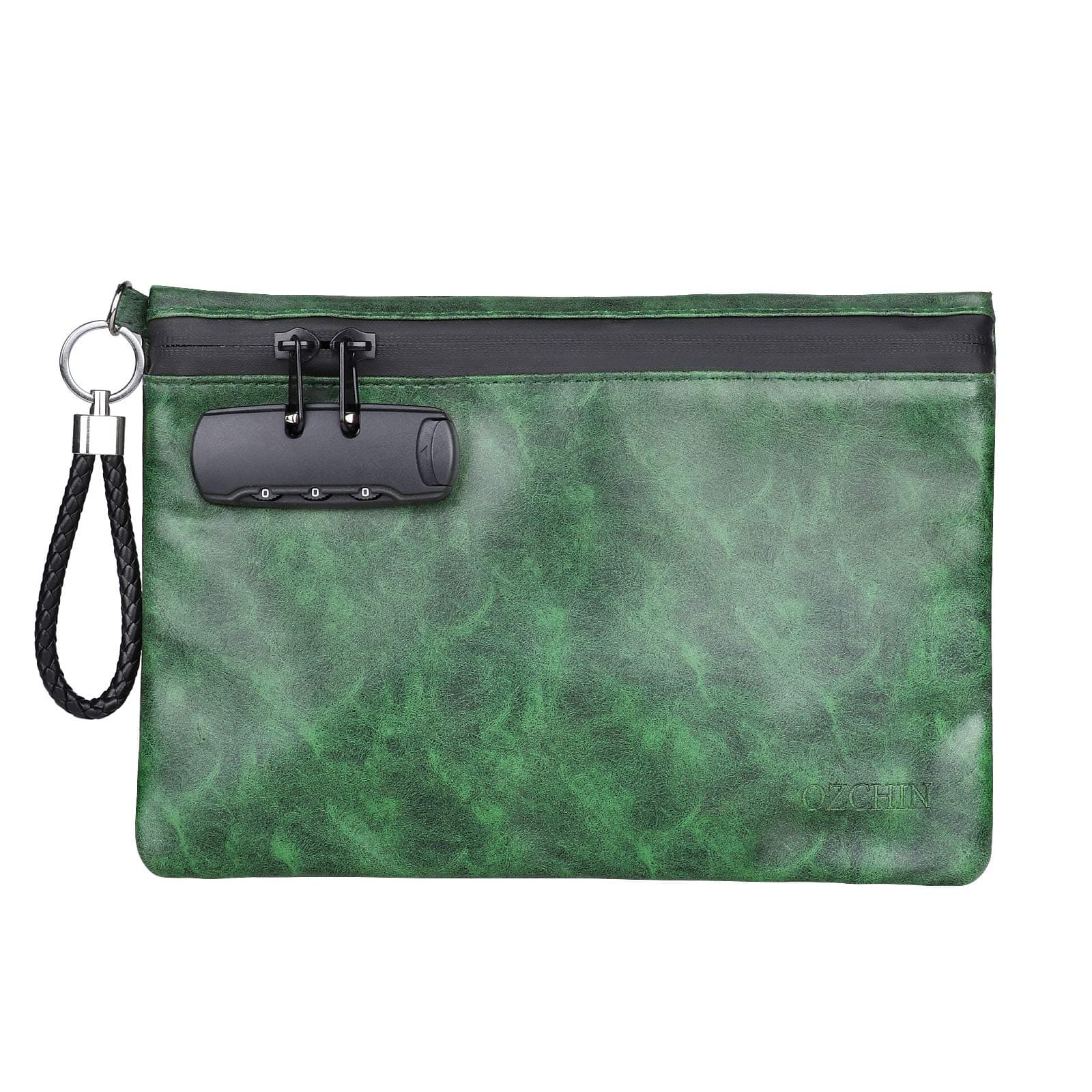 OZCHIN Smell Proof Bag with Combination Lock Certificates Organizer PU Leather Lock Bag Travel Storage Case 10 x 7 inches Great Gifts for Women (Green)