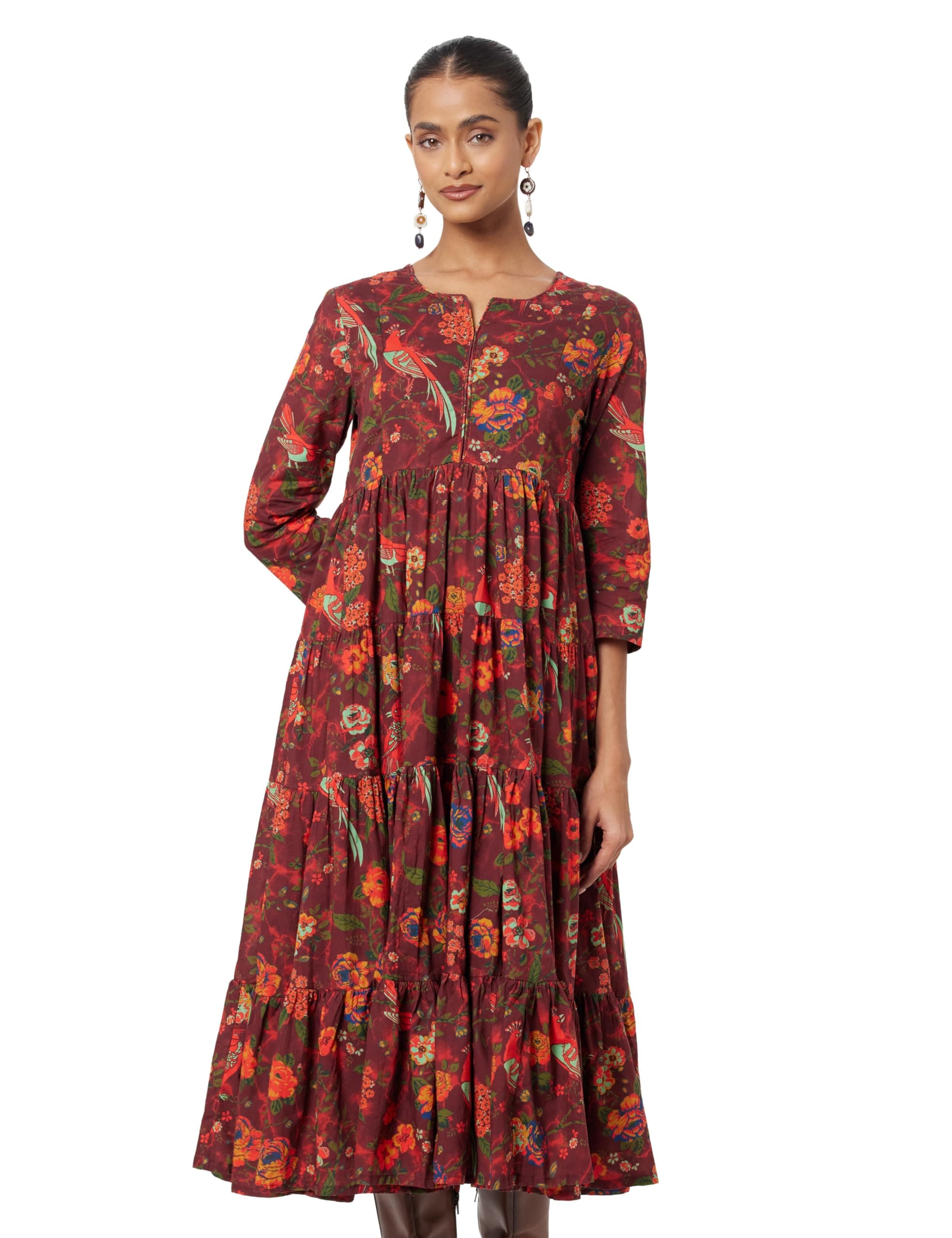 BIBA Women's Fit and Flare Ankle Length Cotton Flared Printed Dress