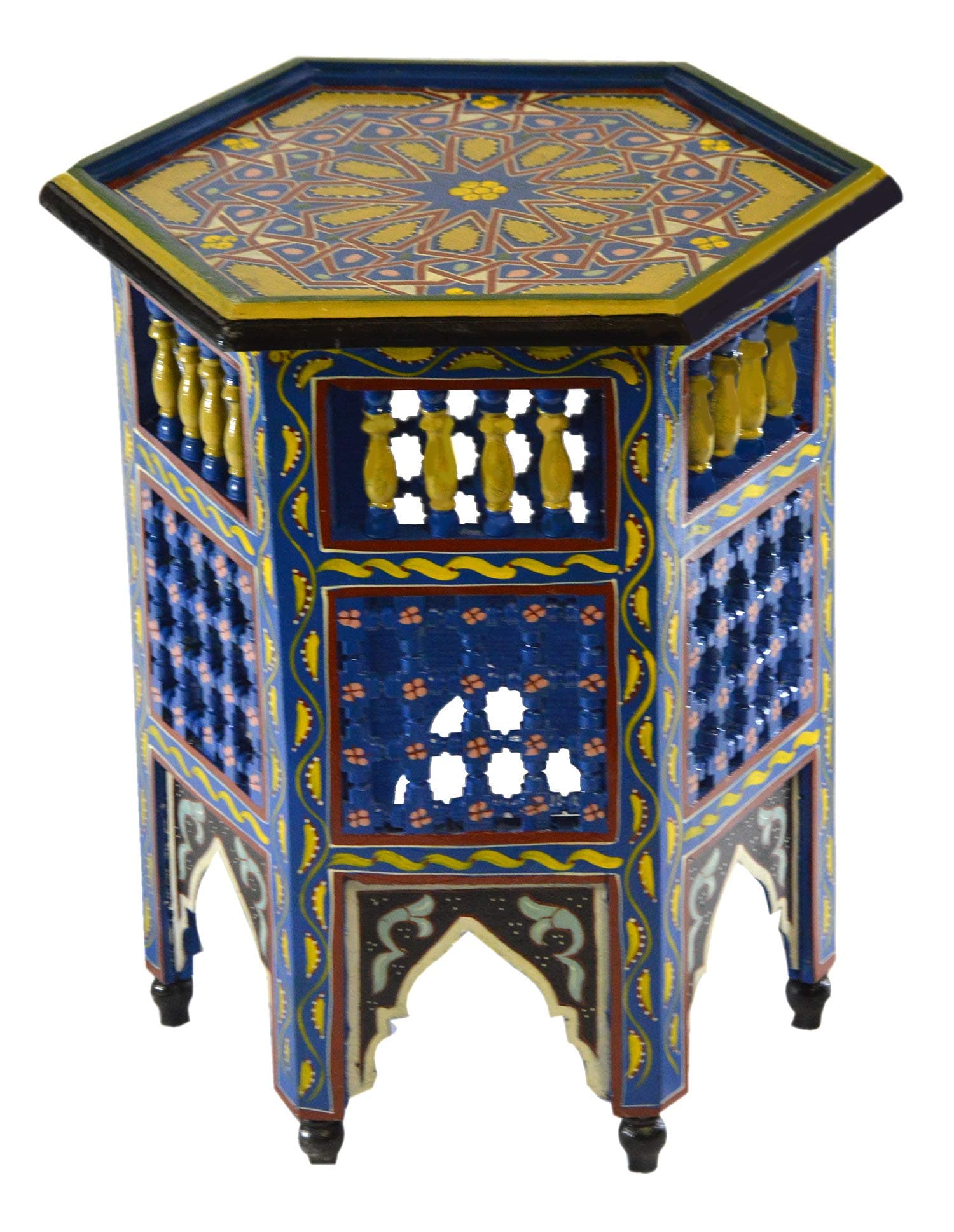 Treasures Of Morocco Moroccan Handmade Wood Table Side Moucharabi Delicate Hand Painted Blue Exquisite