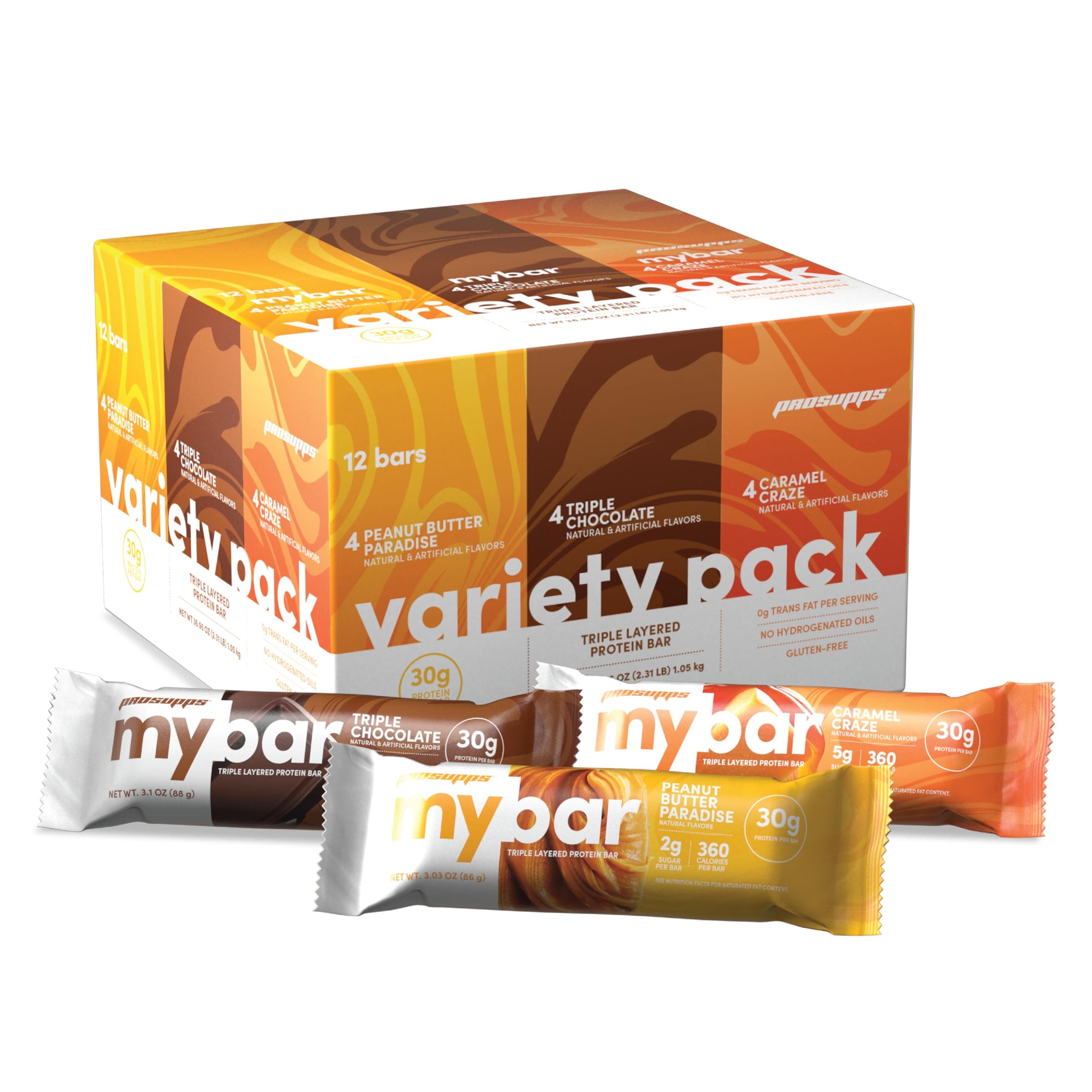 ProSupps MYBAR High Protein Bar, Gluten Free, 30g of Protein, Low Sugar, Perfect On-The-Go - Triple-Layered Protein Snack (12 Bars, Peanut Butter Paradise, Triple Chocolate, Caramel Craze)