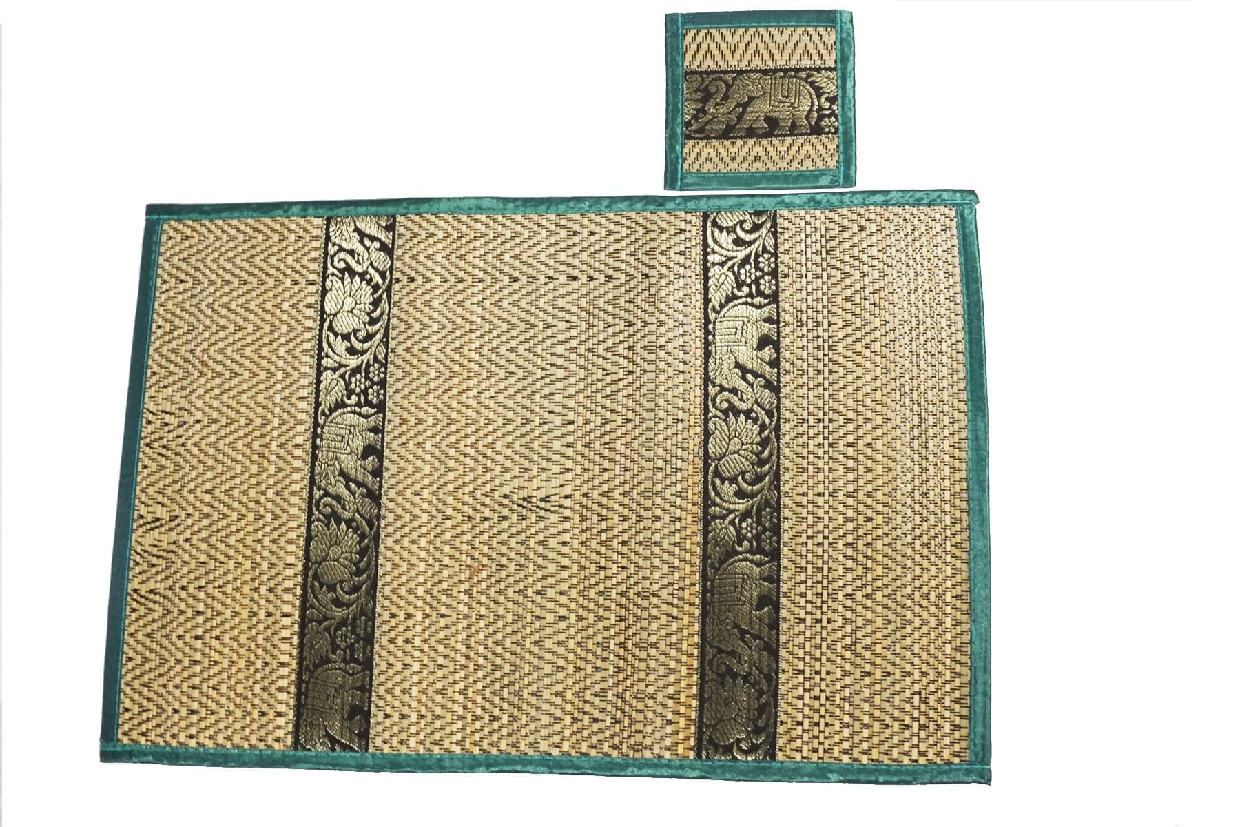 Cozymomo Set of 6 Elephant Pattern Handmade Dinner Reed Placemats and Coaster Set 12"x16" Turquise Color