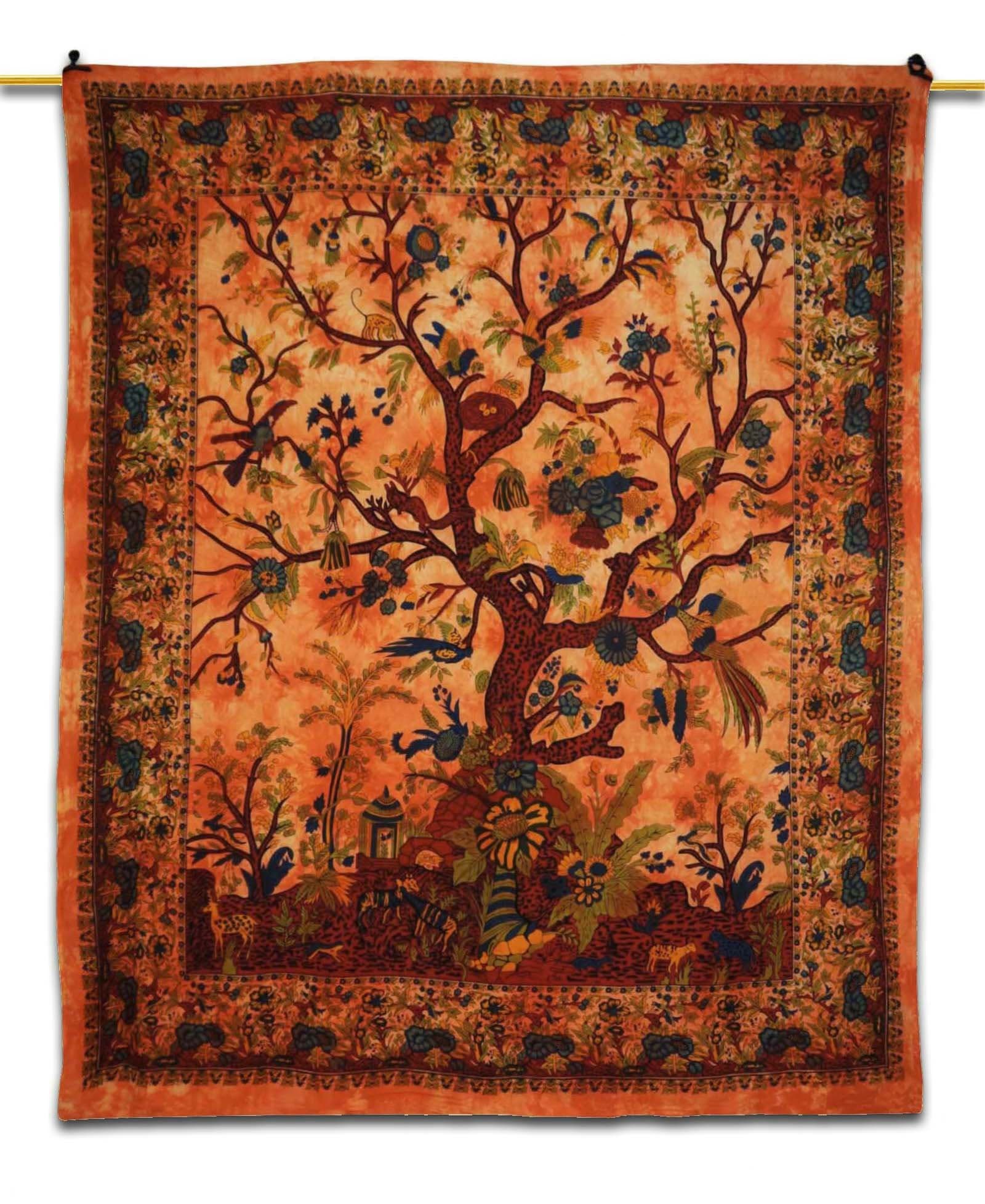 Tree of Life Tapestry Wall Art Hanging Orange Handmade Bedsheet/ Cover Decora...