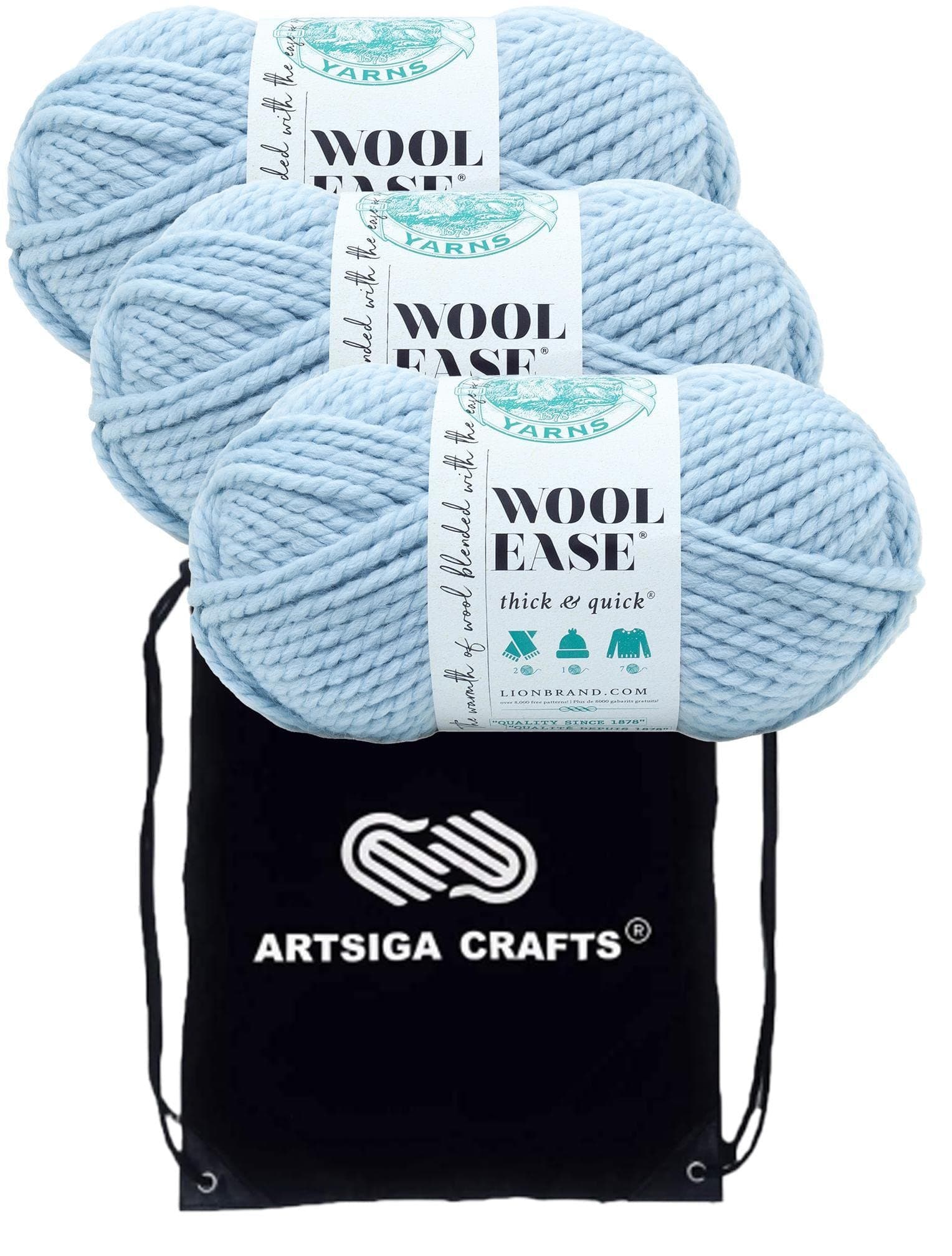 Lion Brand Wool Ease Thick & Quick Glacier 640-105 (3-Skeins - Same Dye Lot) #6 S Bulky Acrylic-Wool Yarn for Crocheting and Knitting with Project Bag
