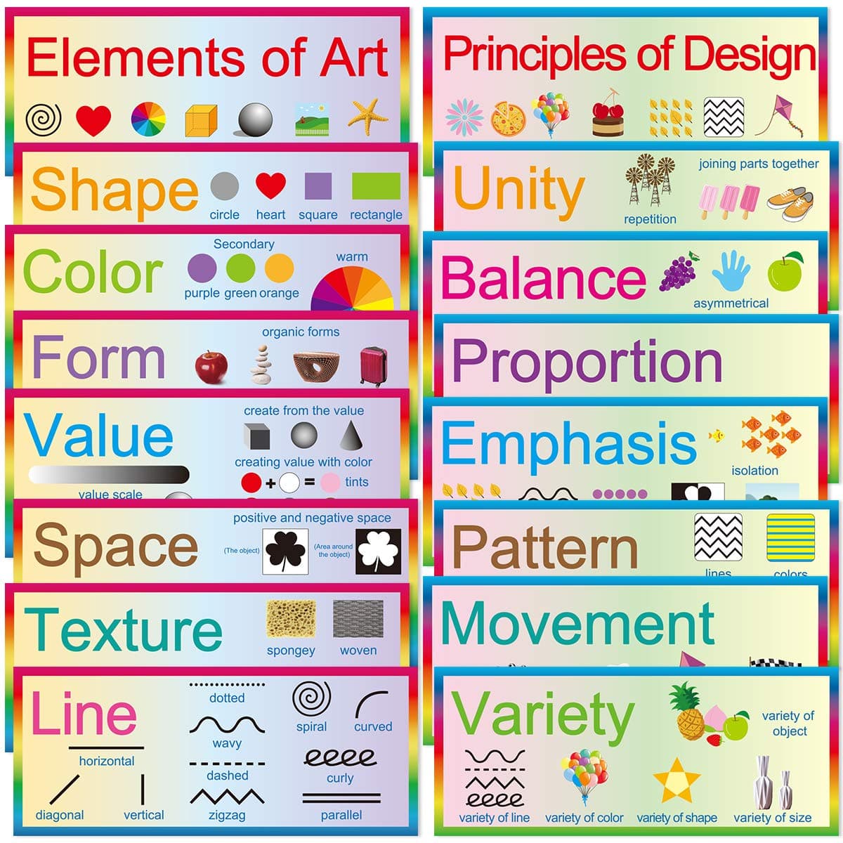 Fancy Land Elements of Art Principles of Design 16 Art Posters 7 x 17 Educational Posters Classroom Decoration