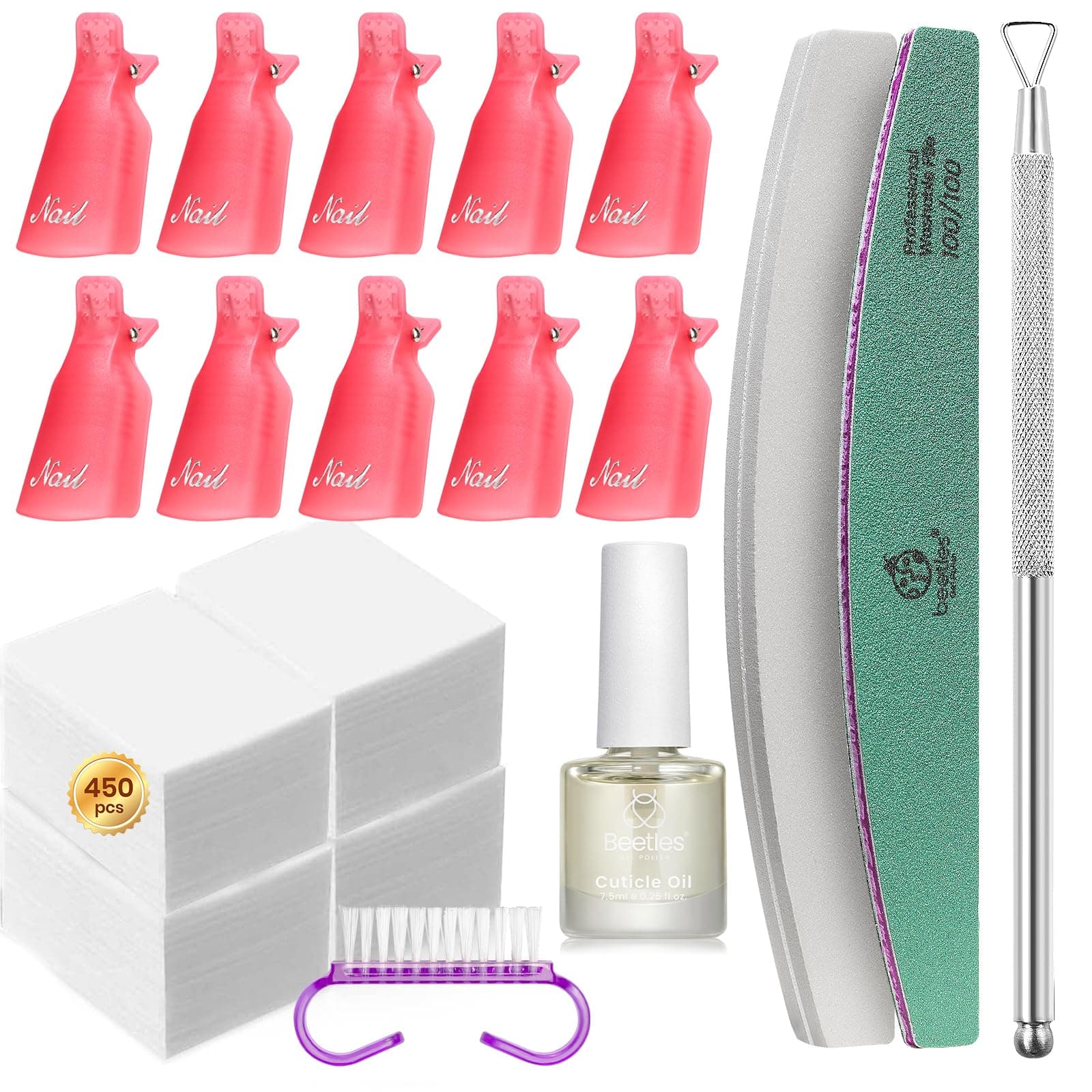 Beetles Gel Polish Remover Kit with 450 Pcs Lint Free Nail Wipes 10 Pcs Gel Polish Remover Clips Cuticle Oil Cuticle Pusher Nail File