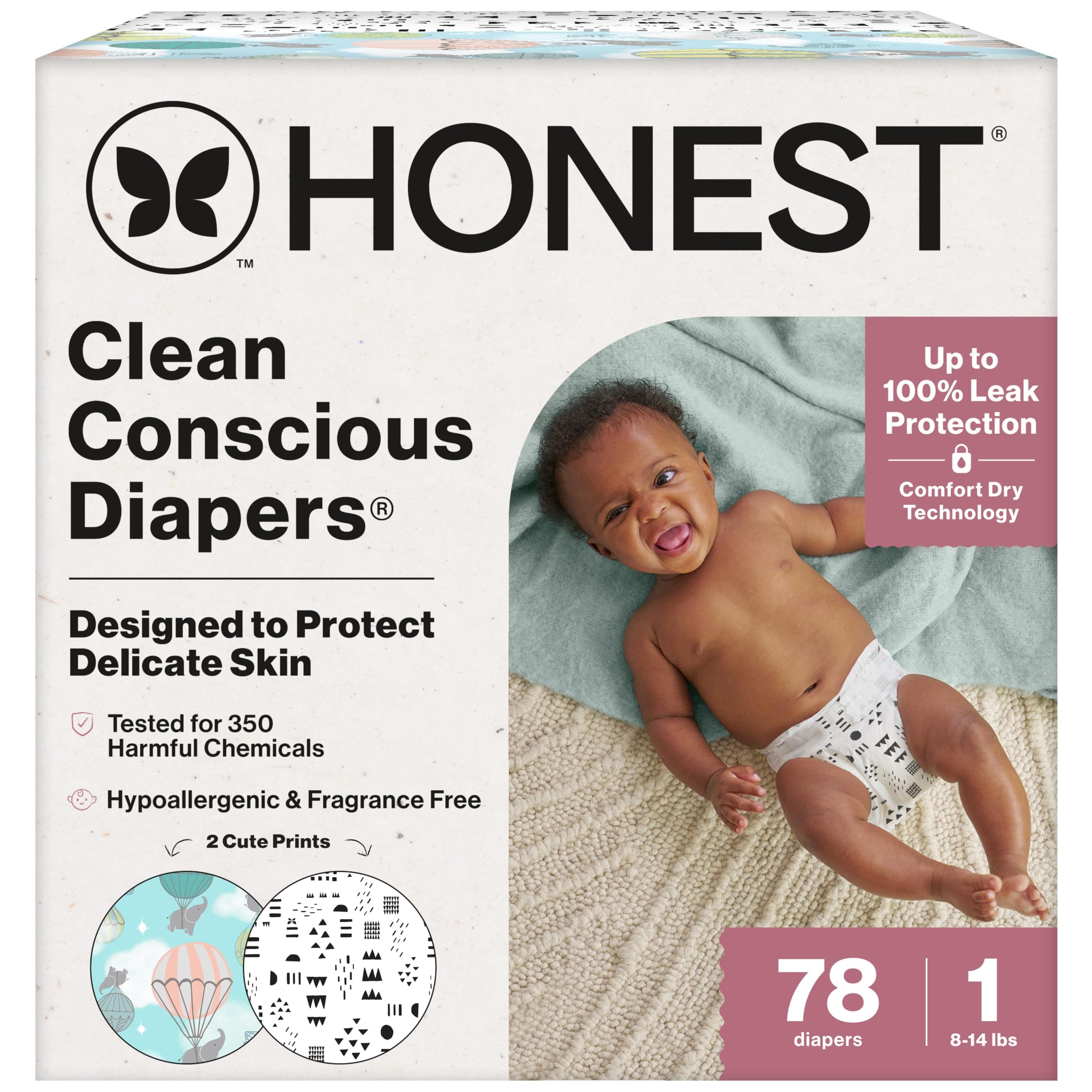 The Honest Company Clean Conscious Diapers | Plant-Based, Sustainable | Dots & Dashes + Multi-Colored Giraffes | Club Box, Size 1 (8-14 lbs), 78 Count