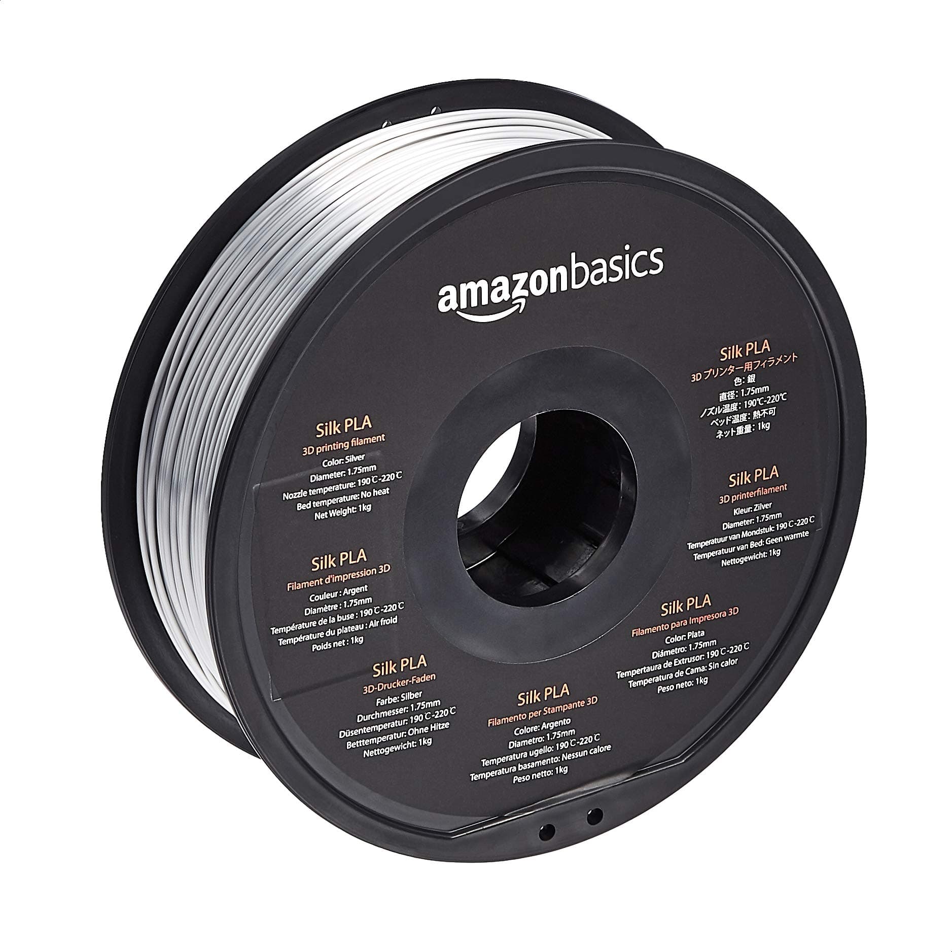 - Amazon Basics Silk PLA 3D Printer Filament, 1.75mm, 1 kg Spool (2.2 lbs), Silver, No Heat Bed Required
