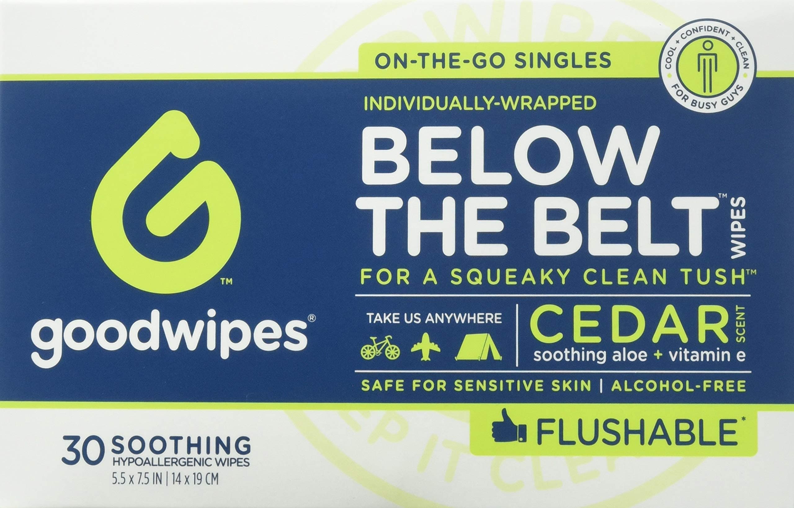 Below The Belt Flushable Wipes for Guys - 30pk Singles - 2PK