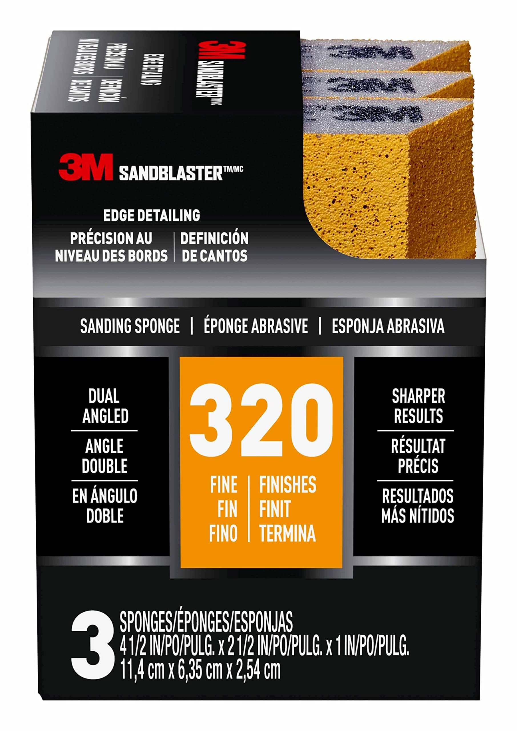 3M SandBlaster Dual Angle Sanding Sponge Gold, 4.5 in. x 2.5 in. x 1 in., 320 Grit, 3/Pack