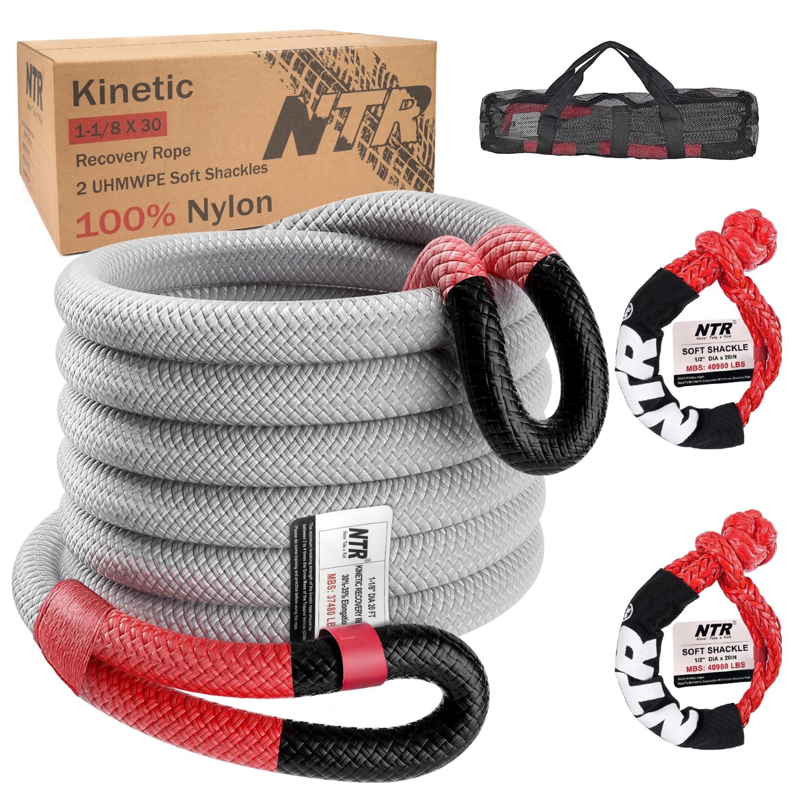 1-1/8" x 30' Kinetic Recovery Tow Rope (37,480lbs), with 2 UHMWPE Soft Shackles (40,980lbs), Heavy-Duty Offroad Snatch Strap, Vehicle Recovery kit for Jeep car Truck ATV UTV SUV, Grey