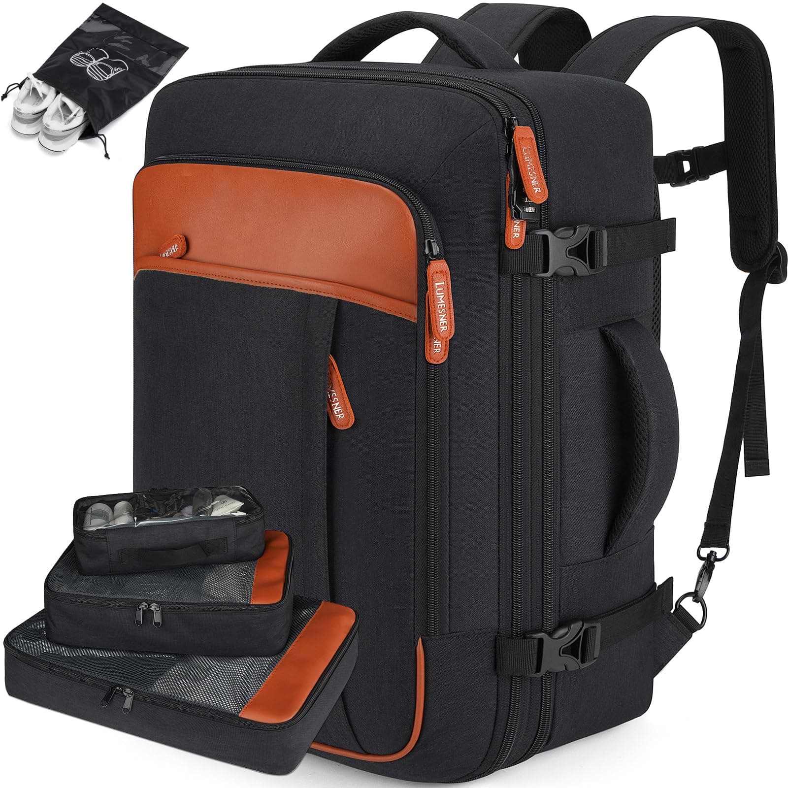 Carry on Travel Backpacks, Extra Large 40L Flight Approved Bag for Men & Women,Expandable Suitcase Backpack With 4 Packing Cubes,Water Resistant Luggage Daypack Business Weekender Bag, Black