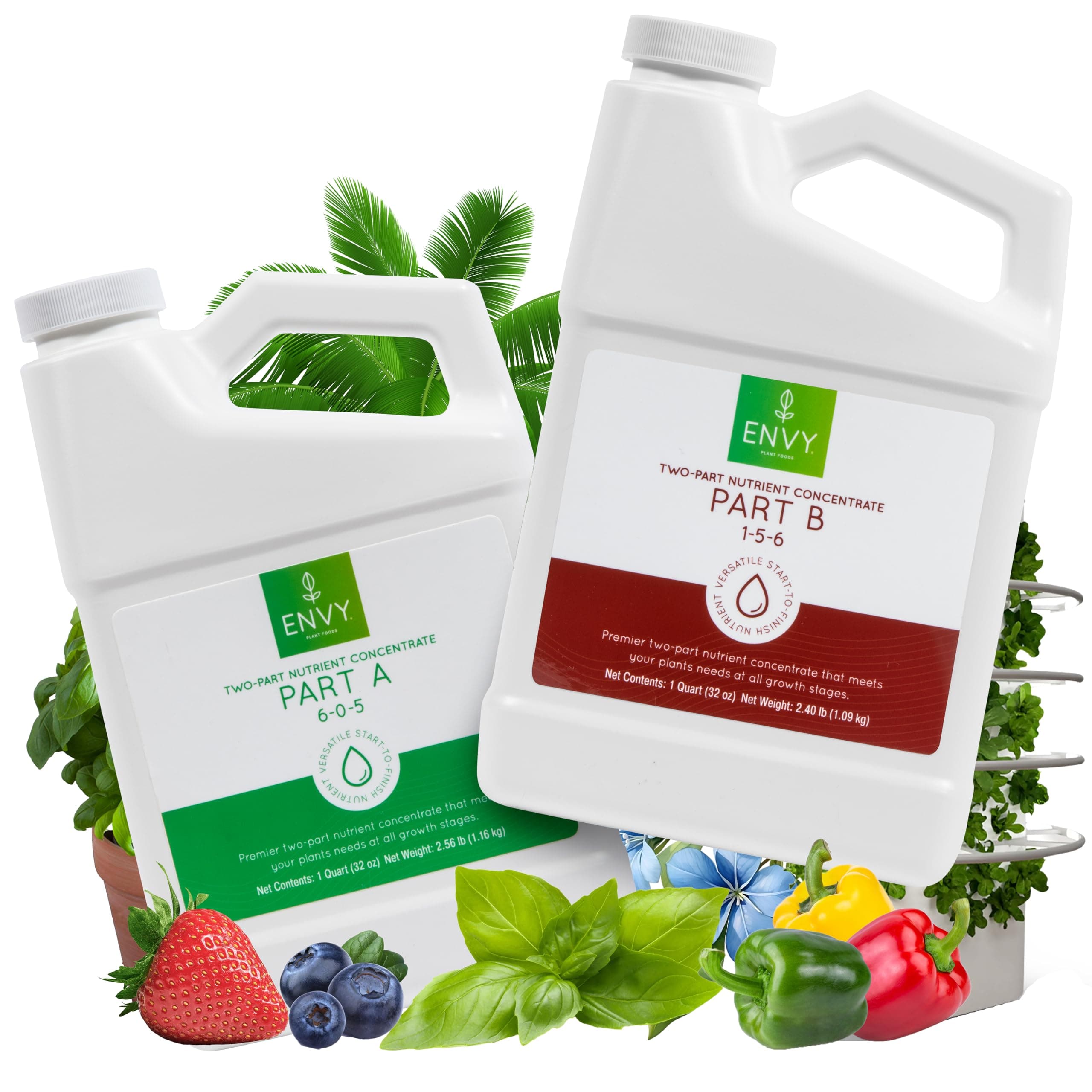 ENVY Hydroponic Plant Food A & B (6-0-5 + 1-5-6) – Two-Part Liquid Nutrient System for Indoor/Outdoor Plants – Supports All Growth Stages – Soil, Coco, Hydroponics, DWC – Quart Set