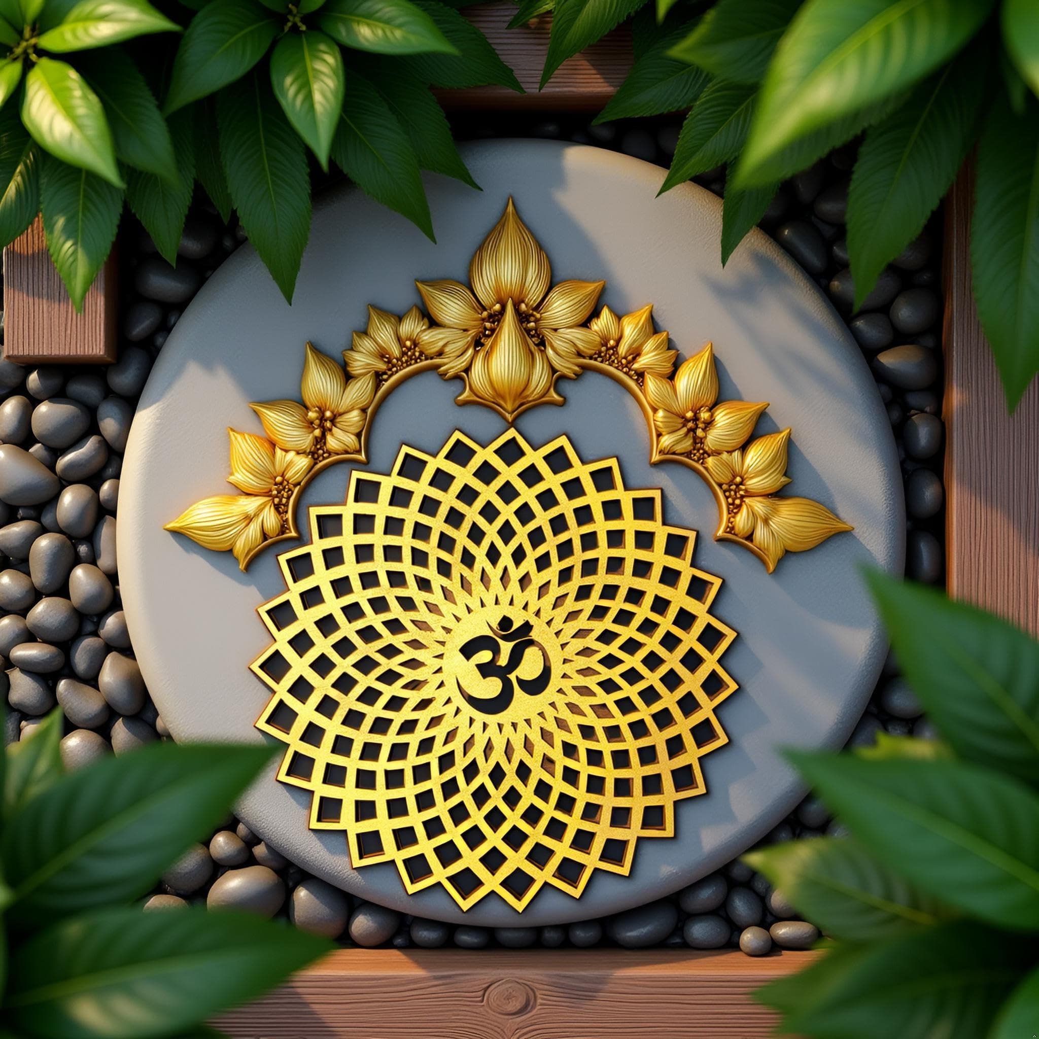 My Dream Carts Golden Om Round Decorative Wall Art MDF Wooden Chakra for Temple, Living Room, Bedroom, Office, Hotel, Home Decor, Gift, Mandala Wall Hanging, 20x20cm