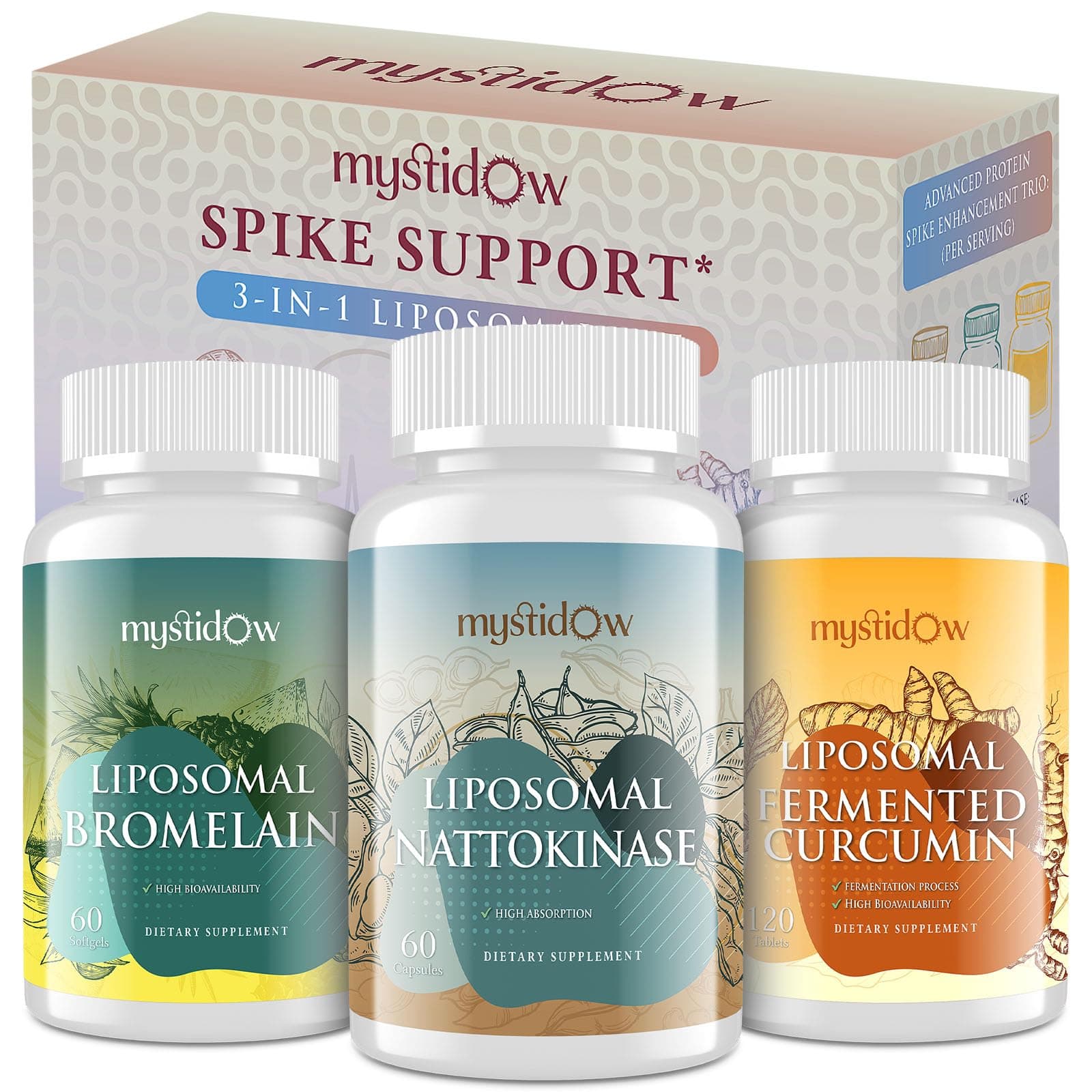 Spike Support Trio | Liposomal Nattokinase 8000 FU 500mg, Bromelain 1150 mg & Fermented Curcumin 1800 mg | High Potency, Enhanced Absorption Formula | for Immune, Heart & Circulatory| 60 Servings