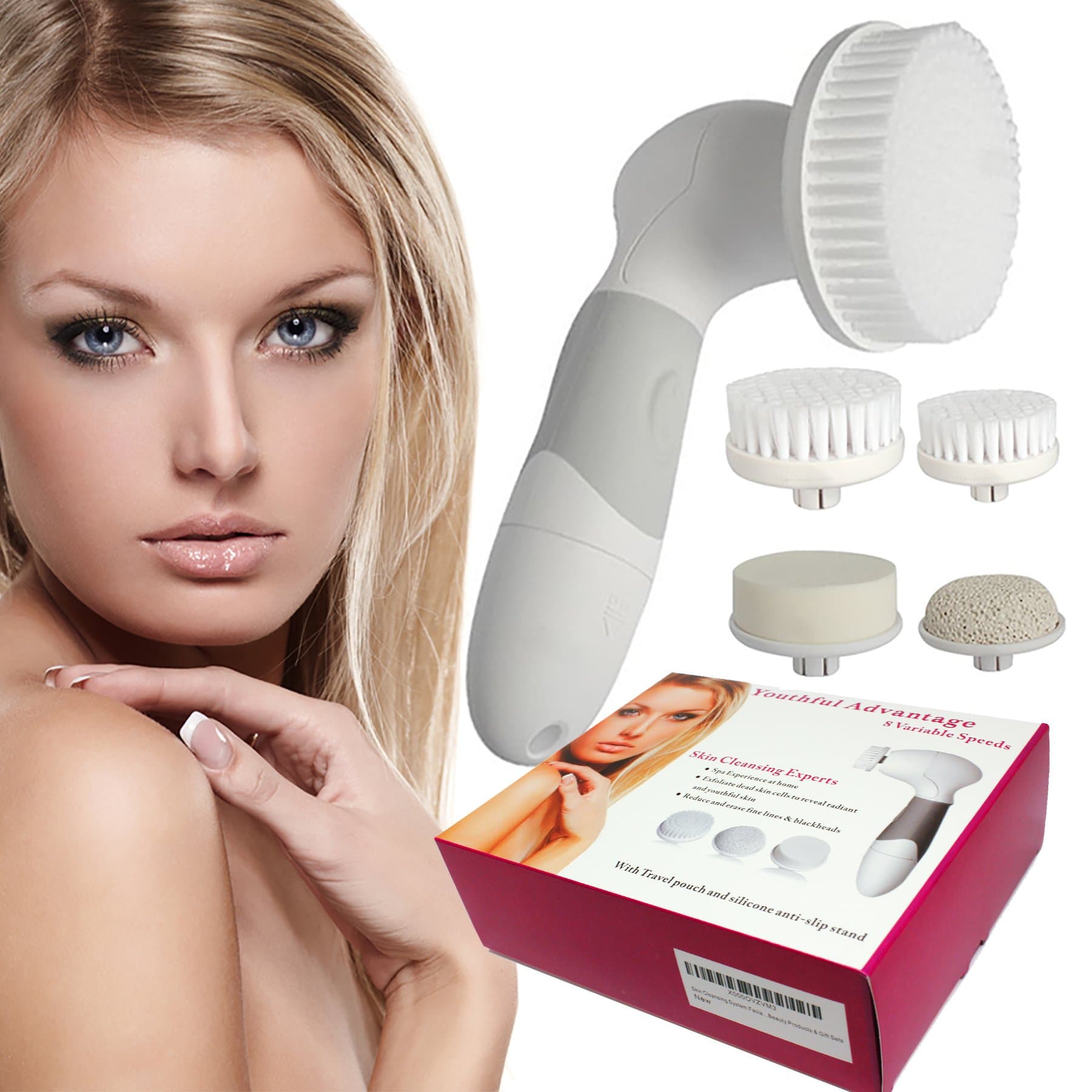 Spin Brush Face Cleaner - 2 Speed Facial Cleansing 4 in 1 Set to Achieve Radiant Skin Reducing Fine Lines and Wrinkles with Daily Usage. Discover Your Youthful Advantage Soft Skin You Will Love.