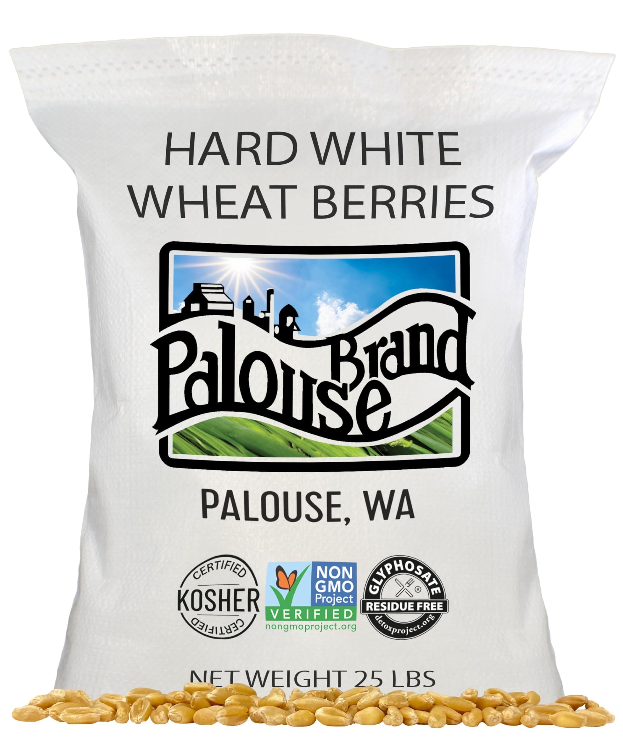 Palouse Brand Hard White Wheat Berries ? 100% Desiccant Free ? 25 lbs ? Non-GMO Project Verified ? Kosher Parve ? USA Grown ? Field Traced ? Poly Bag