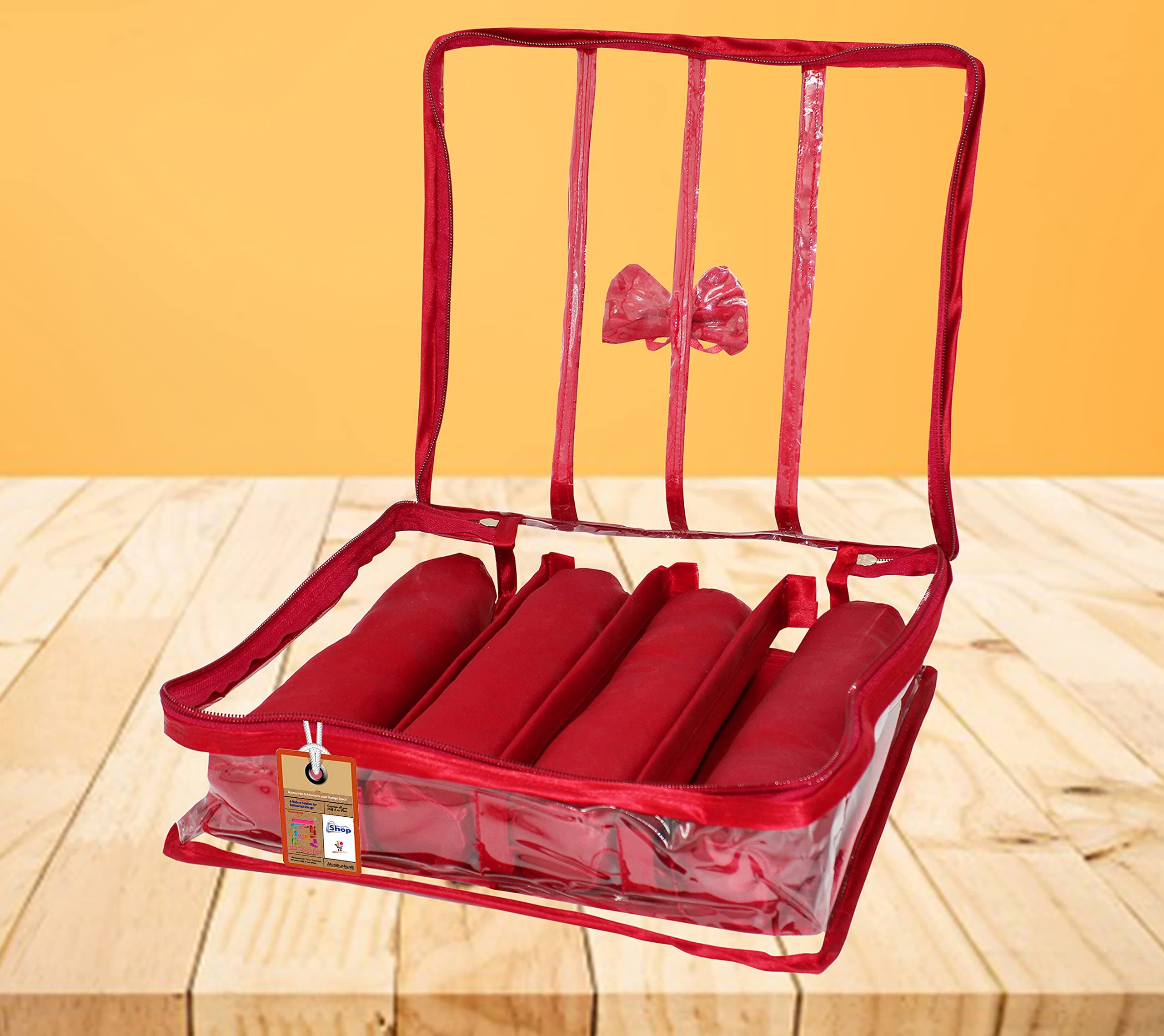 atorakushonSatin Fabric 4 Rod Bangle Box Organizer for Women Girls Jewellery Pouch Storage Bag Makeup Travel Wardrobe Wedding Set for Bride Maroon