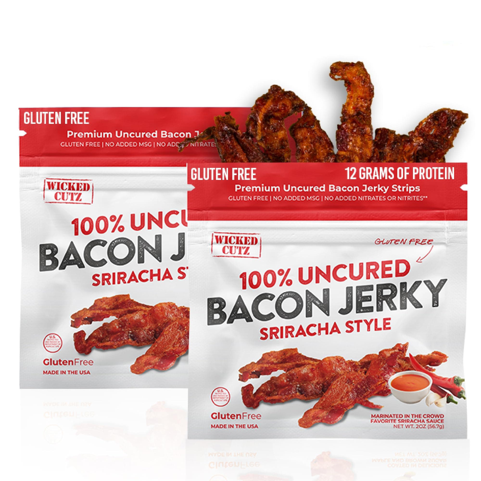 Sriracha Flavored Bacon Jerky, 12g Protein Per Bag, Tender & Easy to Chew Fully Cooked Bacon, USA Made, High Protein Carnivore Snacks (2 Bags)