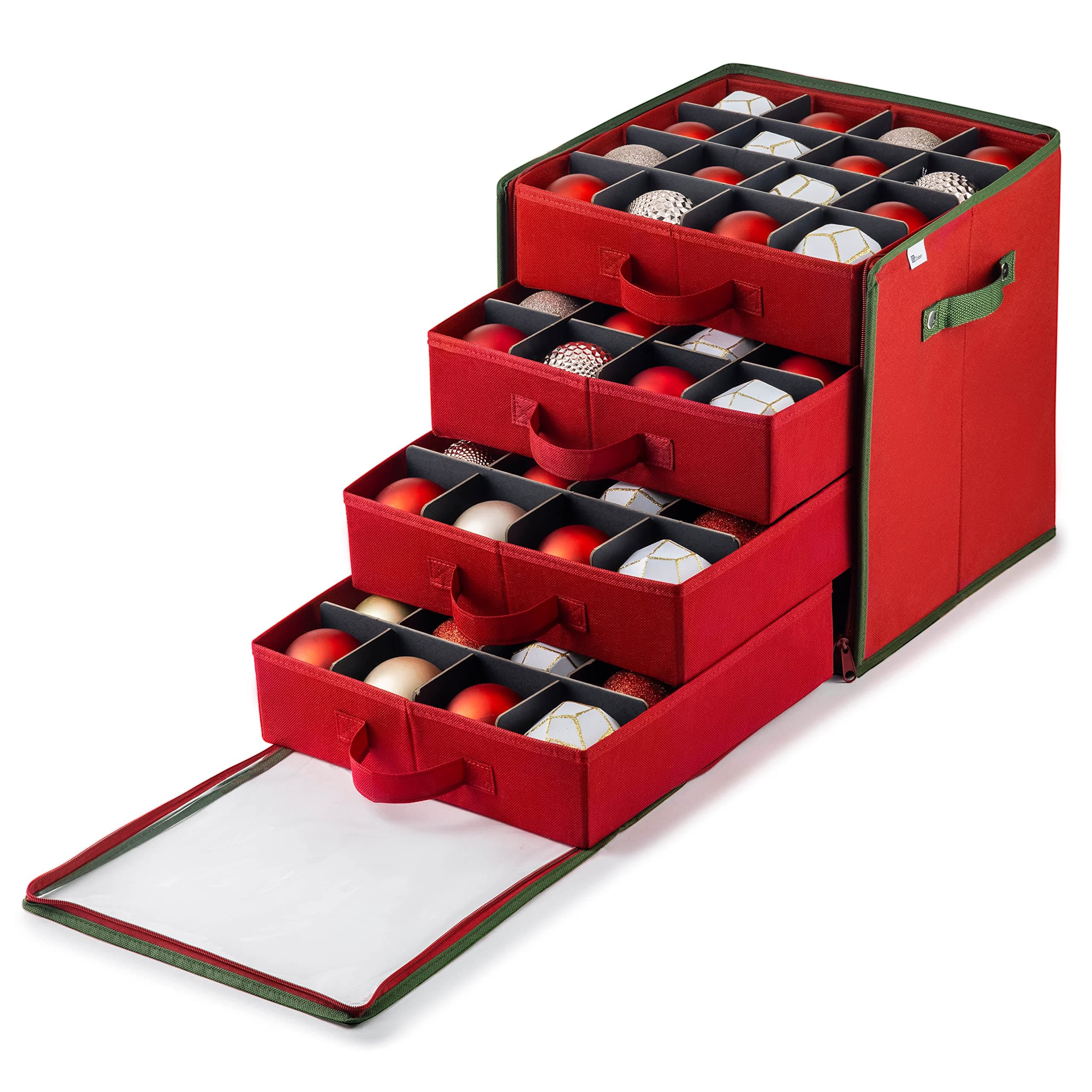ZOBERChristmas Ornament Storage Box - Drawer Style Trays, Stores 64 Ornaments - Non-Woven Fabric Christmas Ornament Storage Containers - 3 Inch Cube Compartments - Red