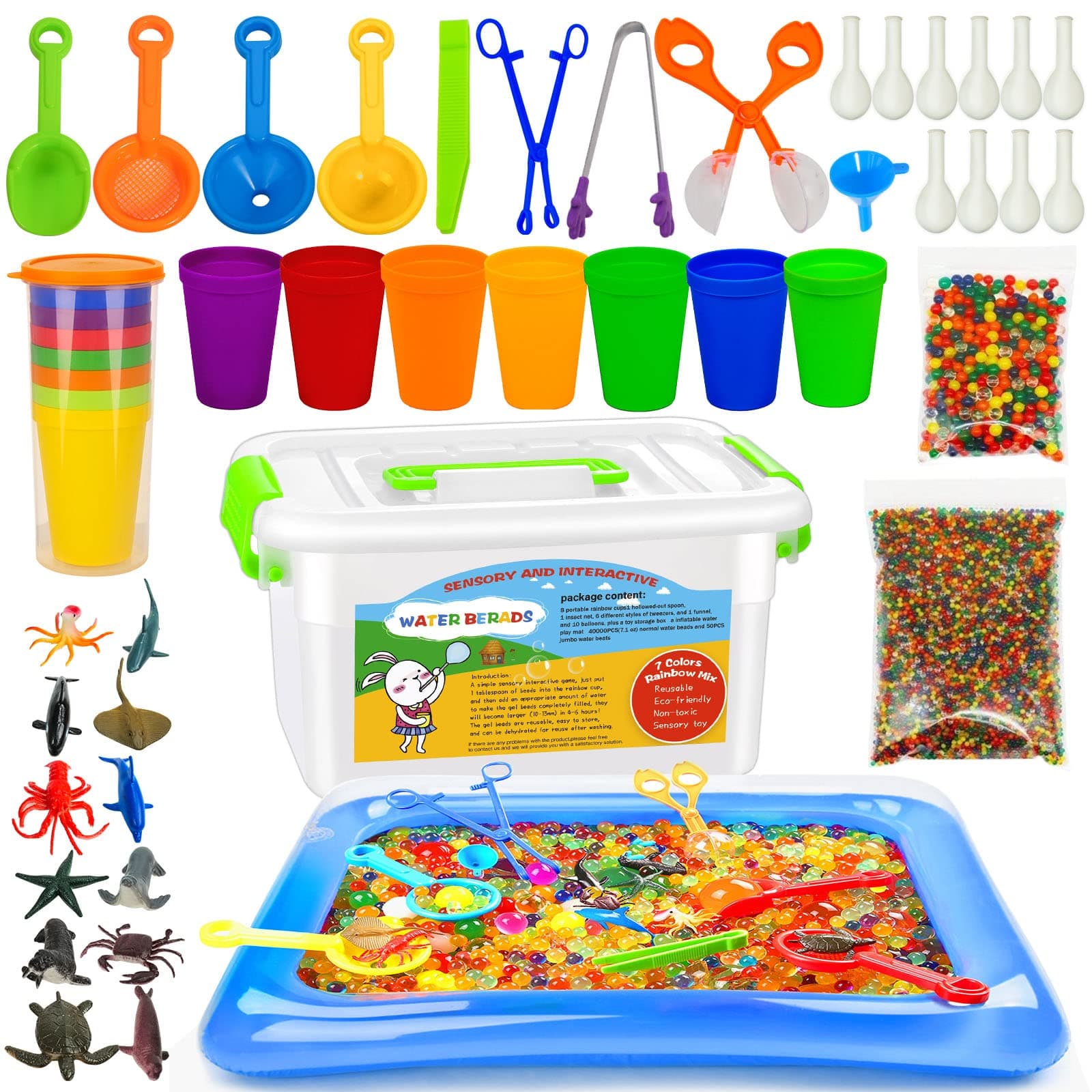 40000PCS Non Toxic Water Beads Sensory Bin, 50PCS Large Water Beads , Sensory Bins for Toddlers with 8 Cups, 12PCS Ocean Toy, 1 Funnel, 3 Colander,10 Balloons and 4 Tweezers, Inflatable Water Mat