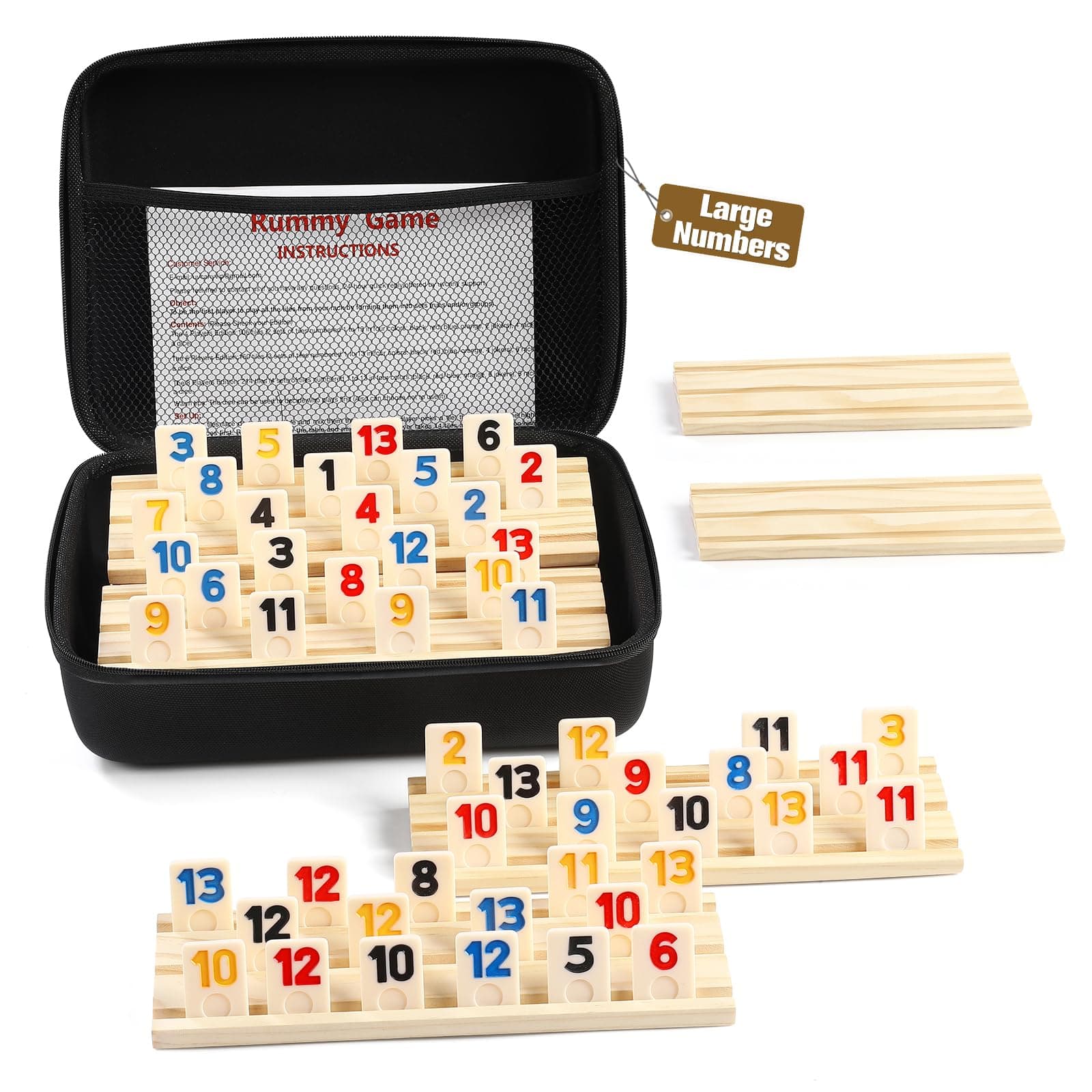 Rummy Cube 6 Player Edition with 6 Wooden Racks/Trays, 160 Large Numbers Rummy Tiles Set with Zippered Case, Rummy Travel Game Set with 6 Tiles Holders - Classic Board Games for Family Adults Kids