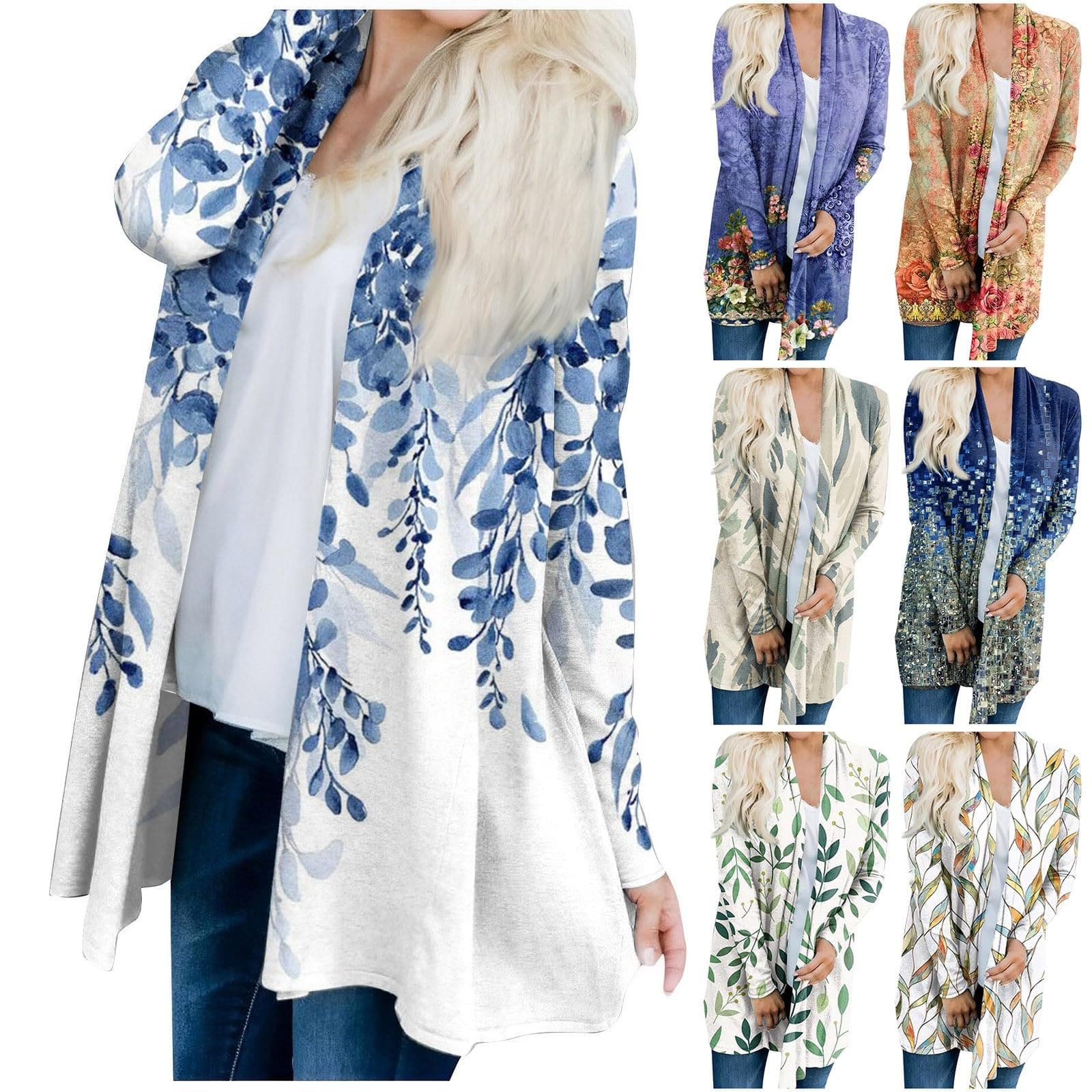 Women's Print Long Sleeve Front Cardigan Printed Top Lightweight Jacket KXC6CBXZ2847