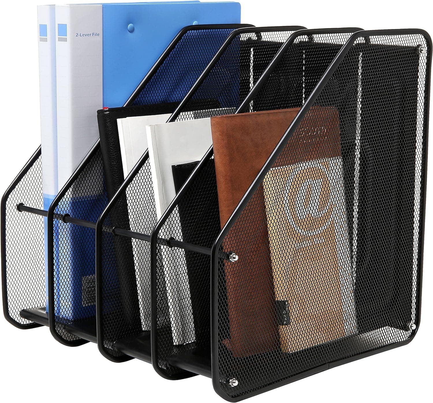 U Life Mesh Magazine File Holder,Desk Organizer Metal Document File Folder Dividers 4 Compartments Desktop Book Storage Rack Binder Display Shelf, for Office Organization and Storage