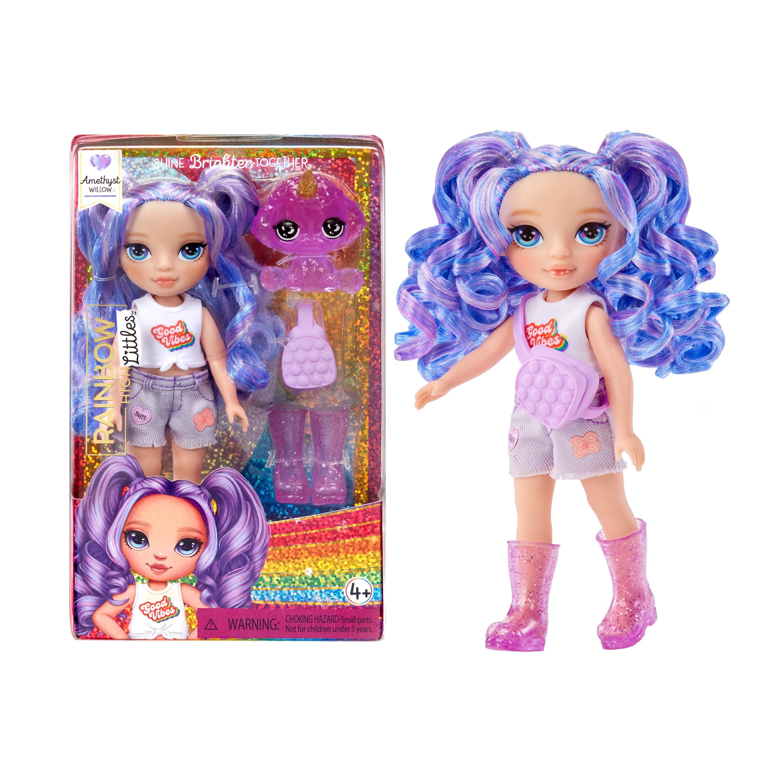 Rainbow High Littles - Amethyst Willow - Small, Posable Fashion Doll – Purple 14 cm Tall Doll with Purse and Magical Pet Dog - Suitable for for Kids and Collectors
