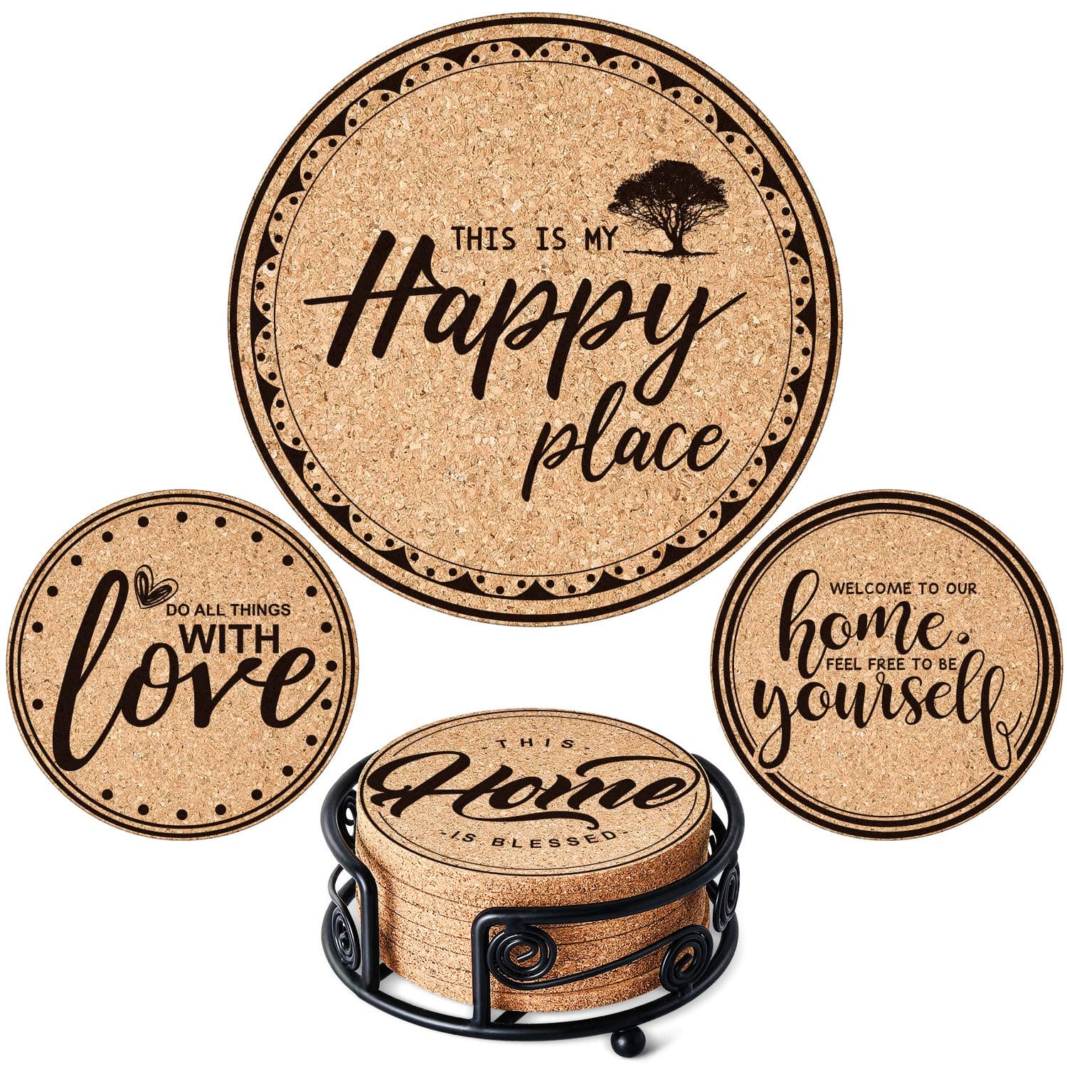 GALAROES Natural Cork Coasters with Metal Holder Set of 8 Thick Absorbent Coaster for Drink, Cups, Mugs Present for Friends,New Home,Housewarming Gifts,Living Room Decor,Apartment Decor,Holiday Party