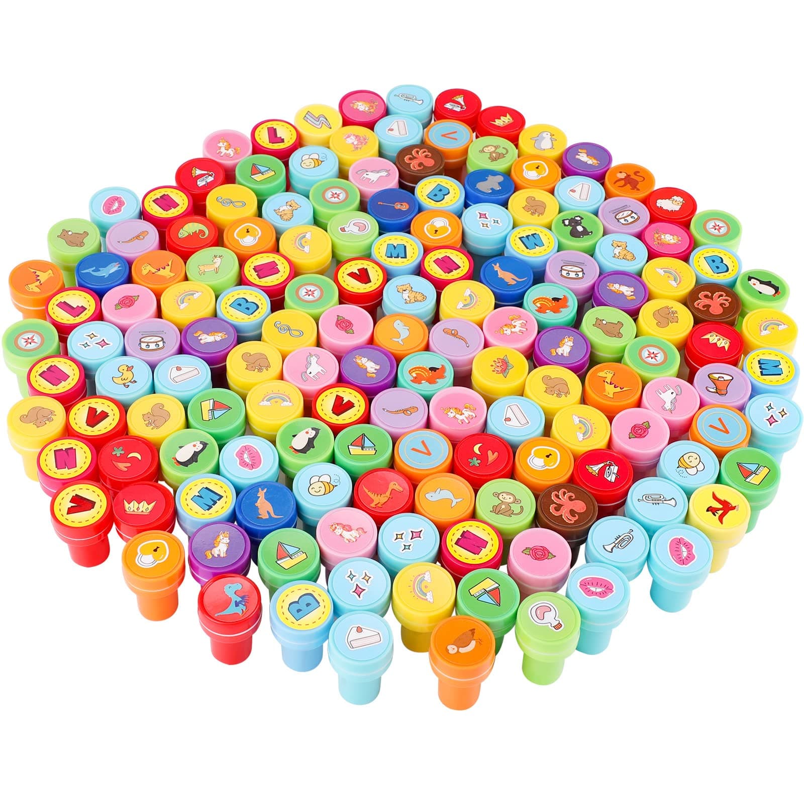 Zubebe 150 Pcs Assorted Stampers for Kids Cute Mini Self Inking Stamps Kids Printing Supplies Birthday Party Favors for Crafts Classroom Prize, Animals, Fruits, Food, Human Tasks