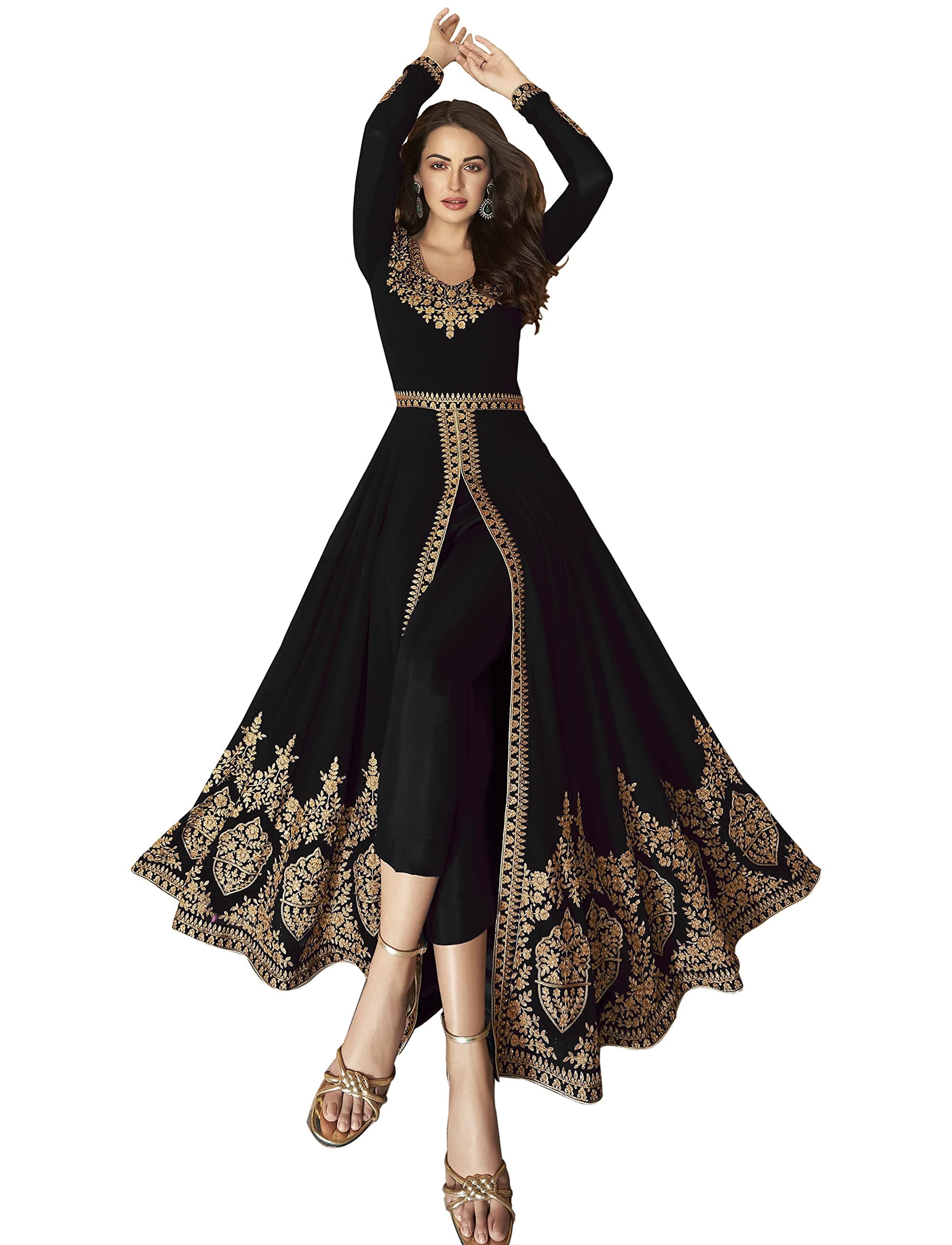 Women's Faux Georgette Semi Stitched Top with Santoon Fabric Bottom and Faux Georgette Dupatta Embroidered Front Slit Anarkali Dress